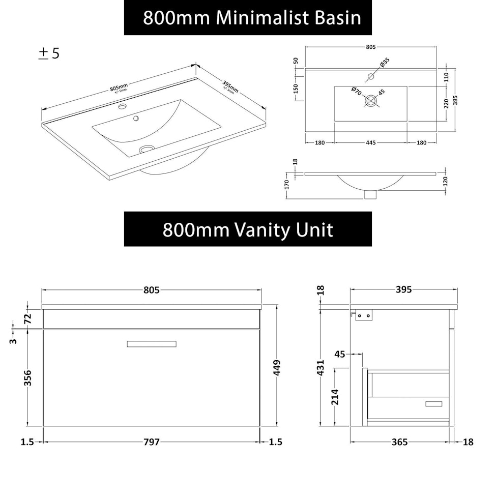 Turin 800mm Wall Hung Vanity Sink Unit 1 Drawer Hale Black - Minimalist Basin with Matt Black Handle