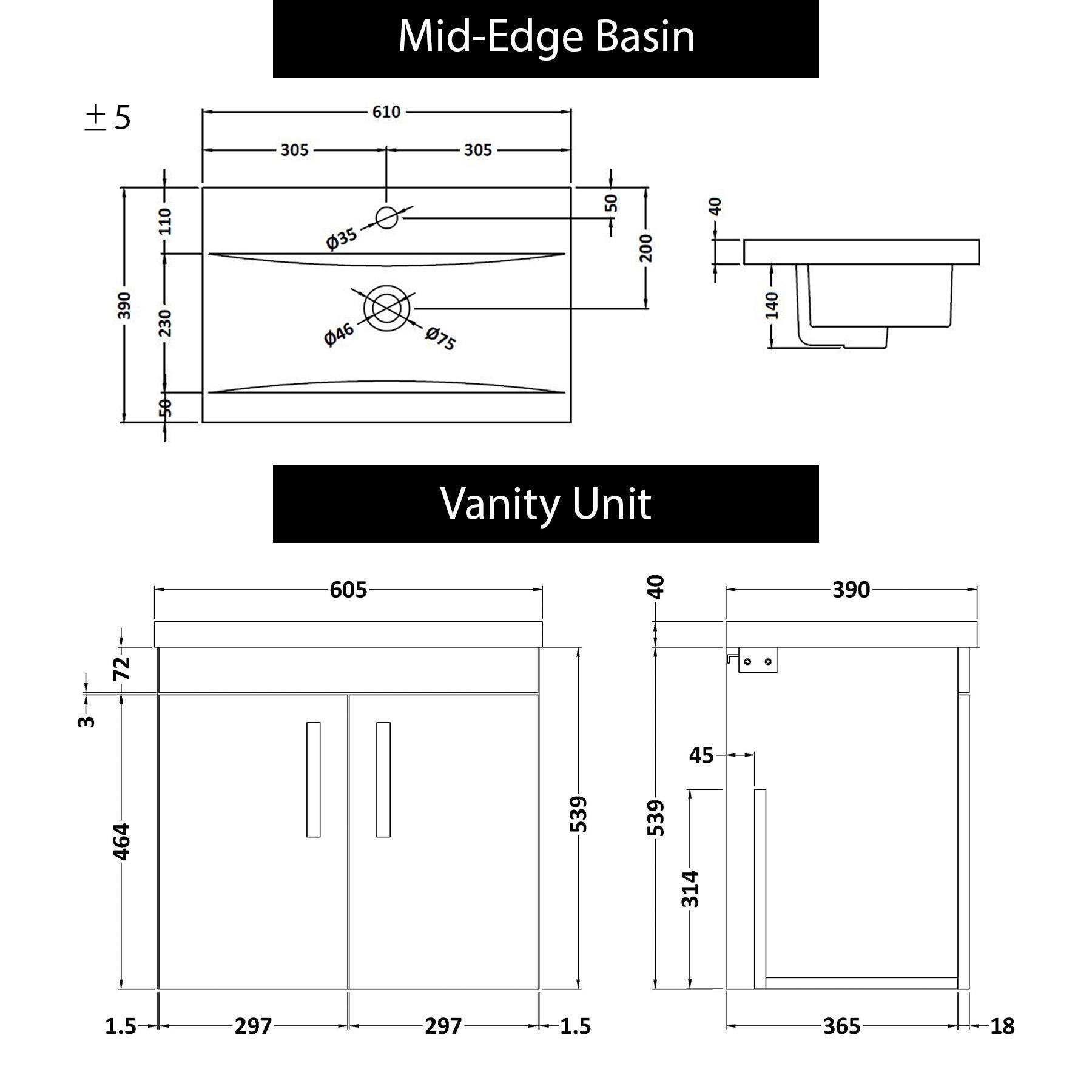 Turin 600mm Wall Hung Vanity Sink Unit 2 Door Grey Elm MidEdge Basin