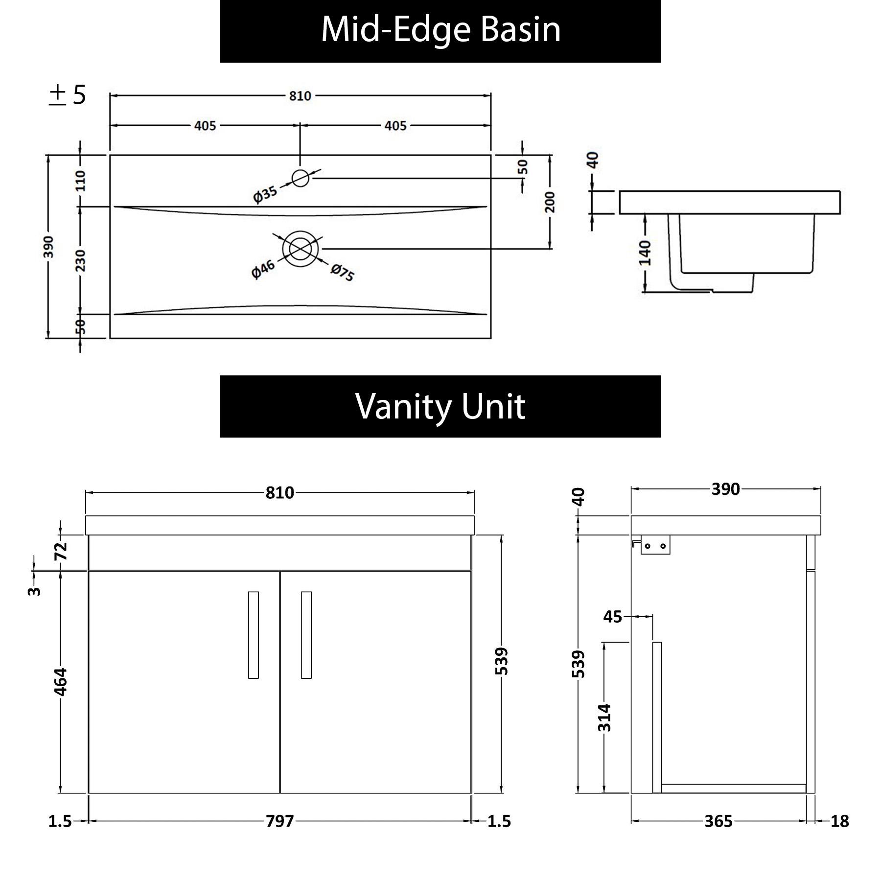 Turin 800mm Wall Hung Vanity Sink Unit 2 Door Grey Elm - Mid-Edge Basin with Matt Black Handle