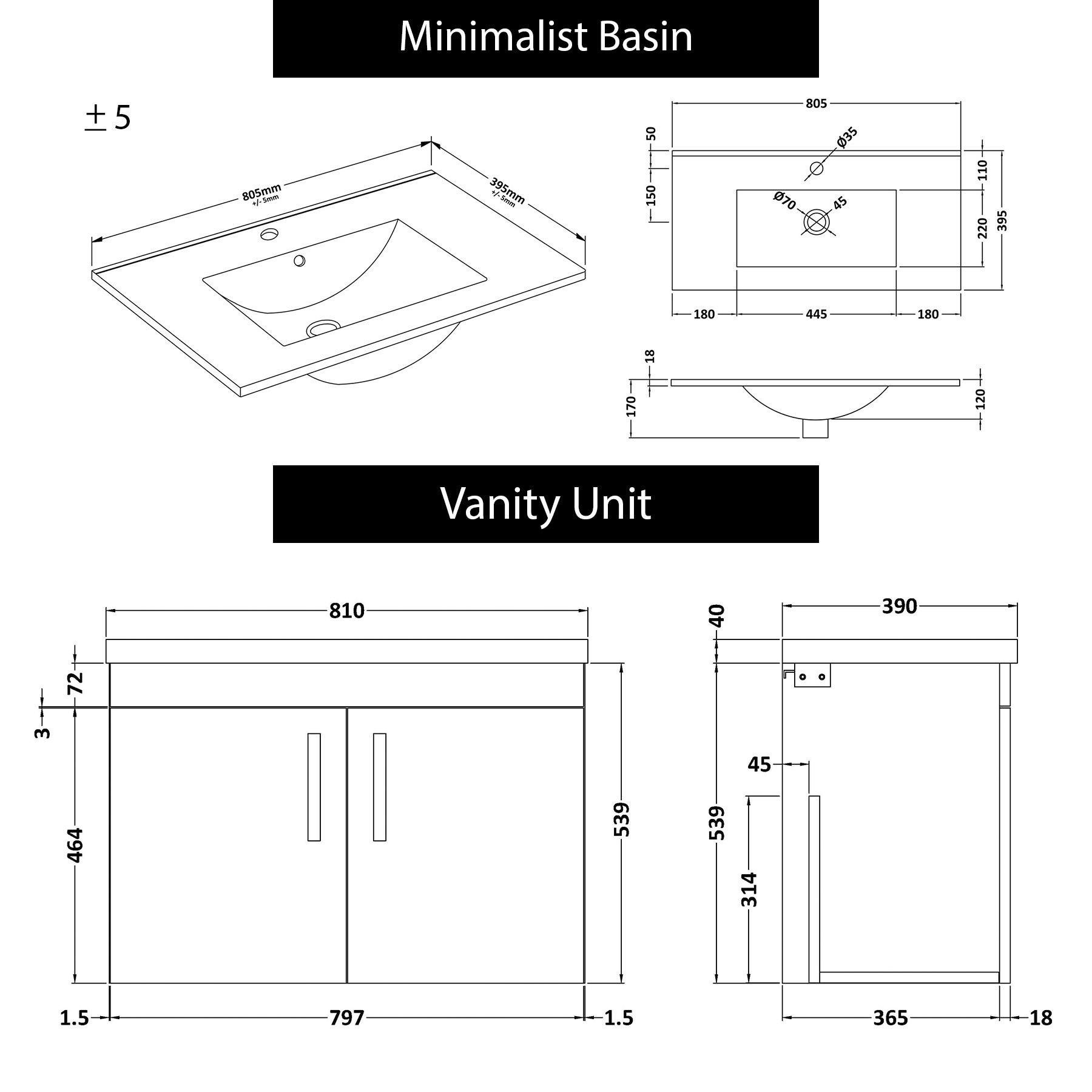 Turin 800mm Wall Hung Vanity Sink Unit 2 Door Grey Elm - Minimalist Basin with Matt Black Handle
