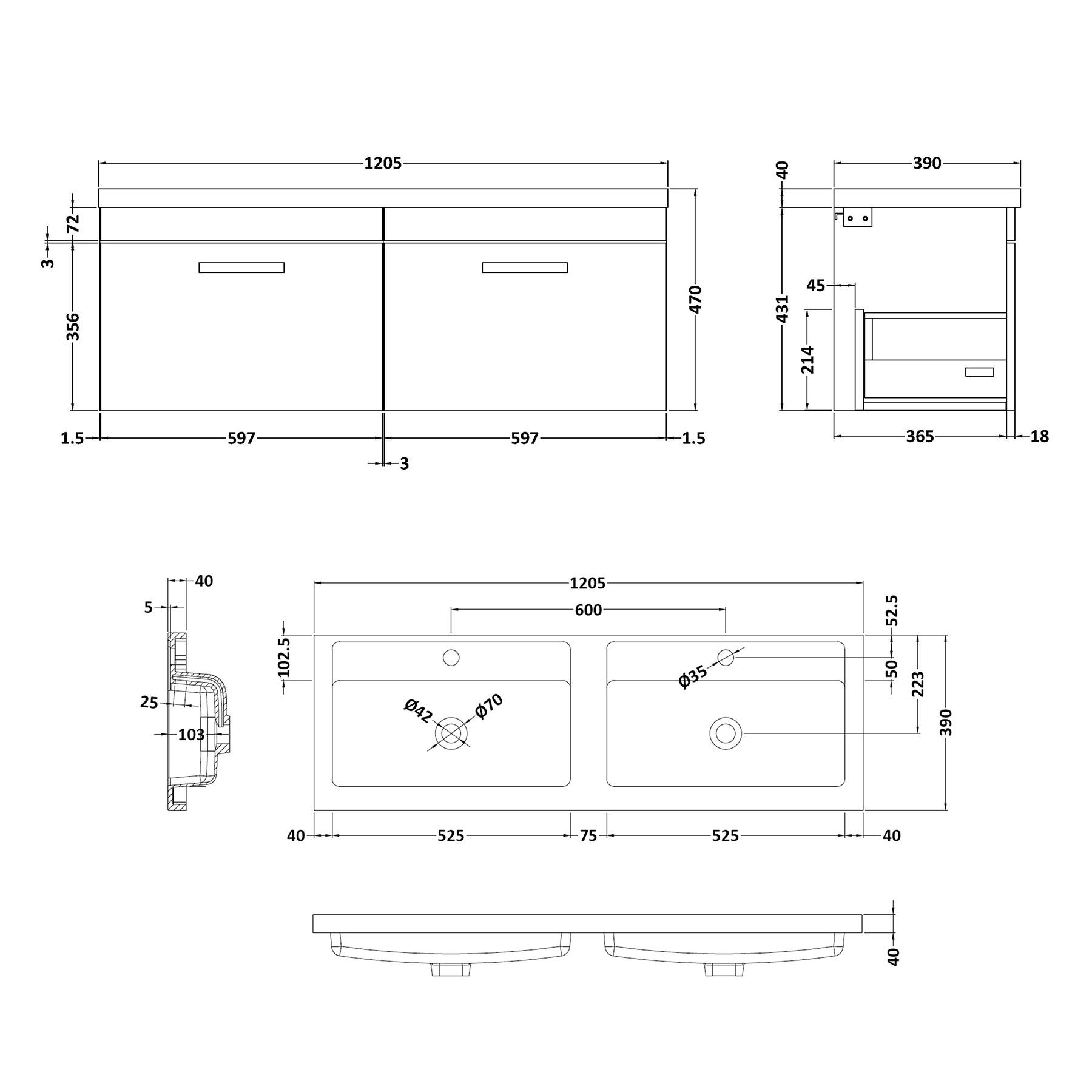 Turin 1200mm Wall Hung Vanity Sink Unit 2 Drawer Hale Black - Double Basin