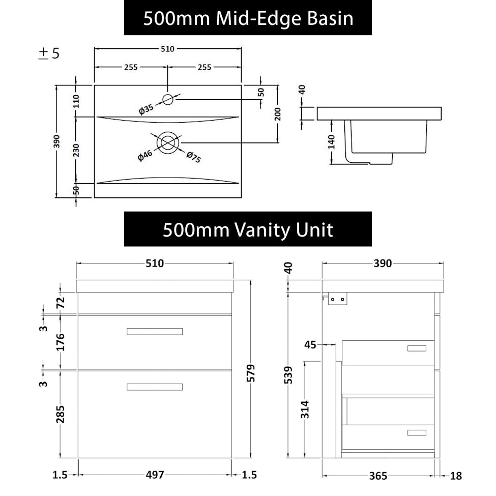 Turin 500mm Wall Hung Vanity Unit Hale Black 2 Drawer - Mid-Edge Sink Unit with Matt Black Handle
