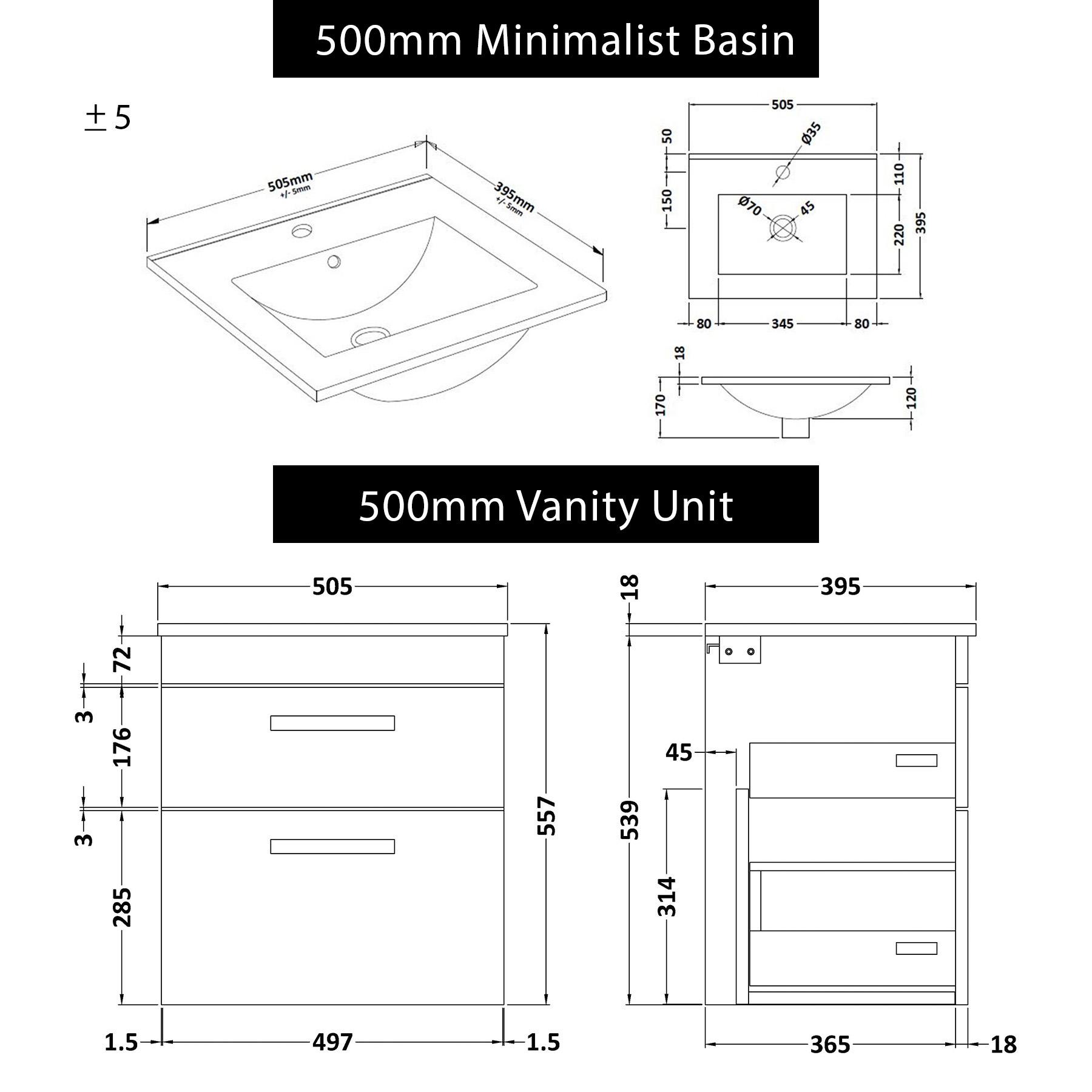 Turin 500mm Wall Hung Vanity Unit Gloss White 2 Drawer - Minimalist Sink Unit with Brushed Brass Handle