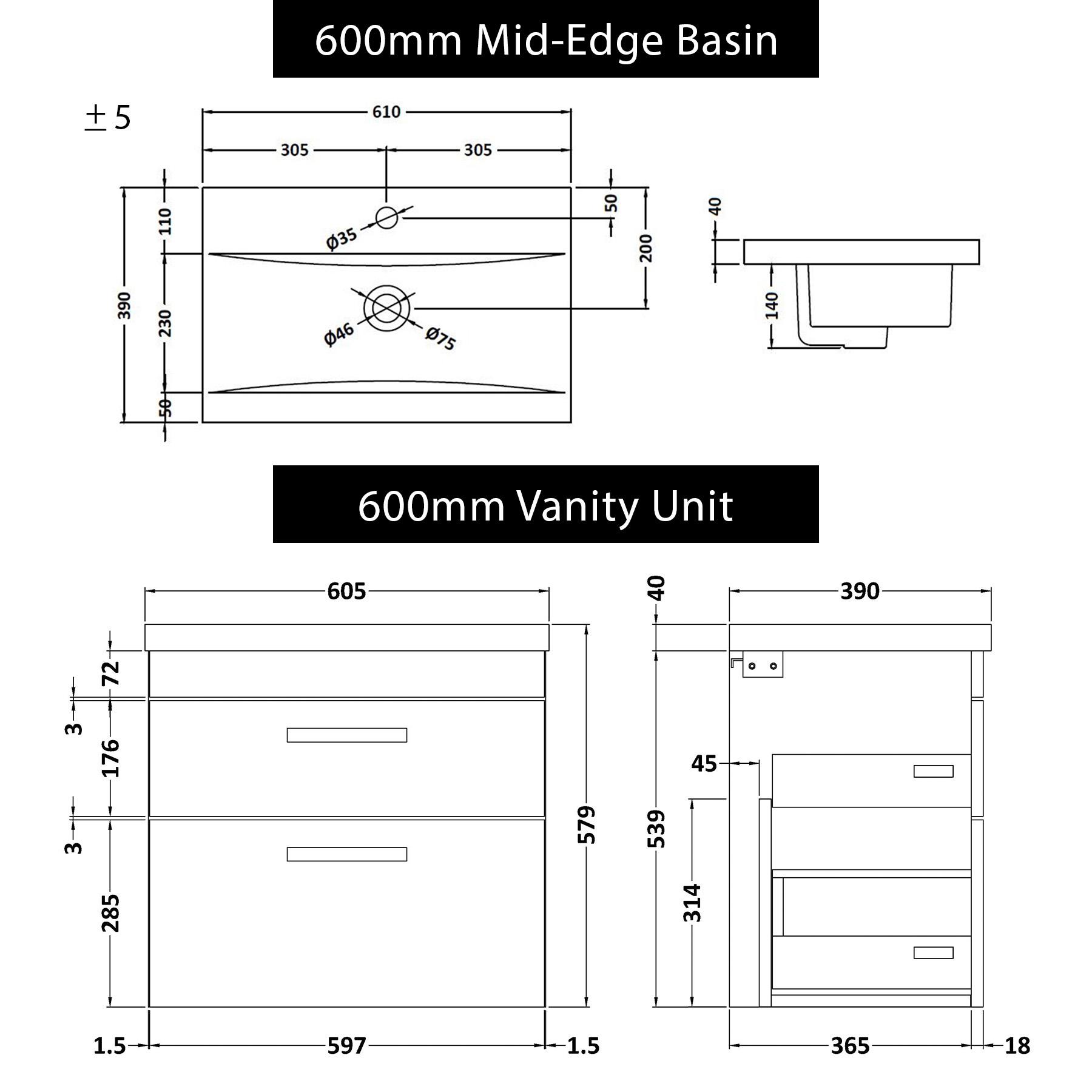 Turin 600mm Wall Hung Vanity Unit Hale Black 2 Drawer - Mid-Edge Sink Unit with Brushed Brass Handle