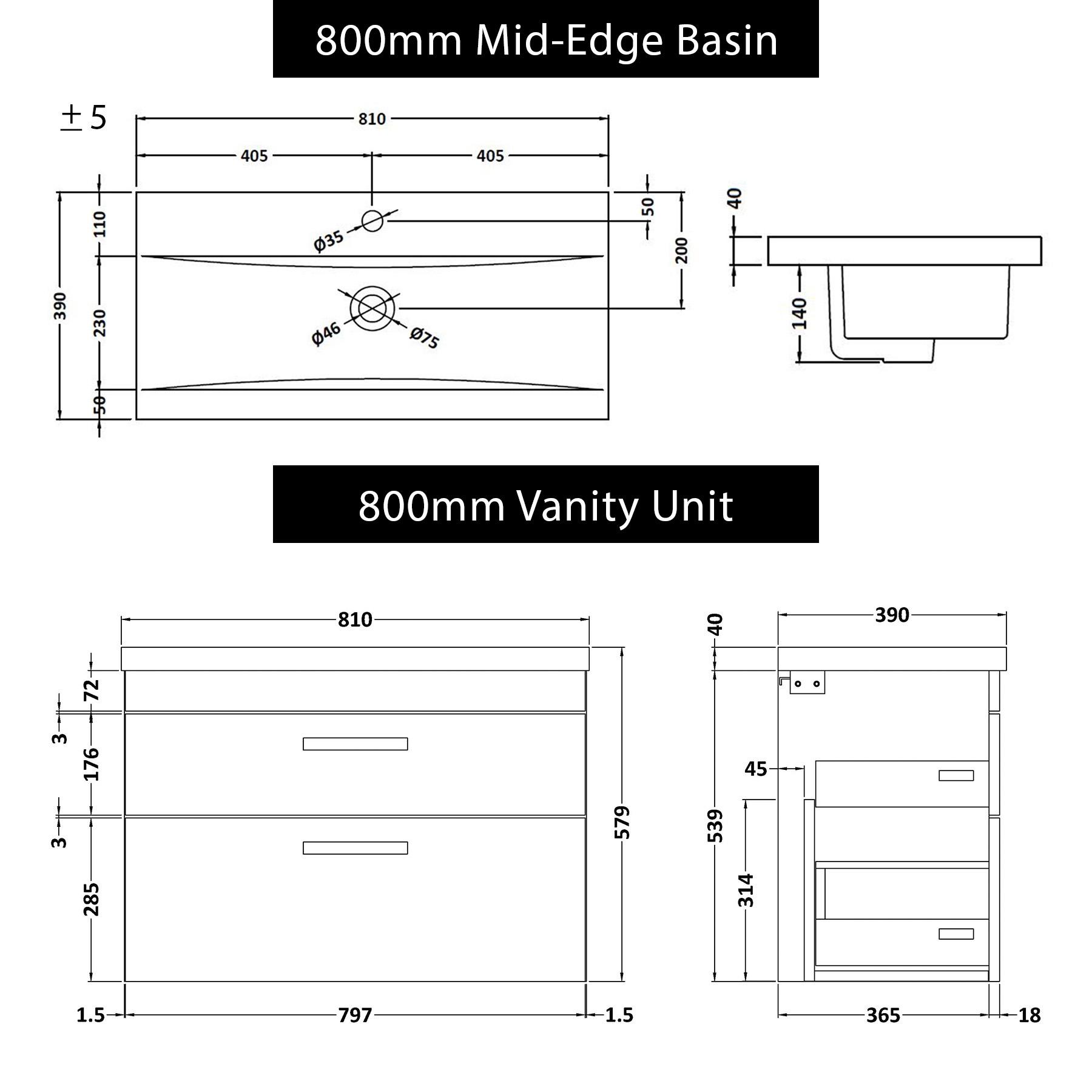 Turin 800mm Wall Hung Vanity Unit Indigo Grey Gloss 2 Drawer - Mid-Edge Sink Unit with Brushed Brass Handle