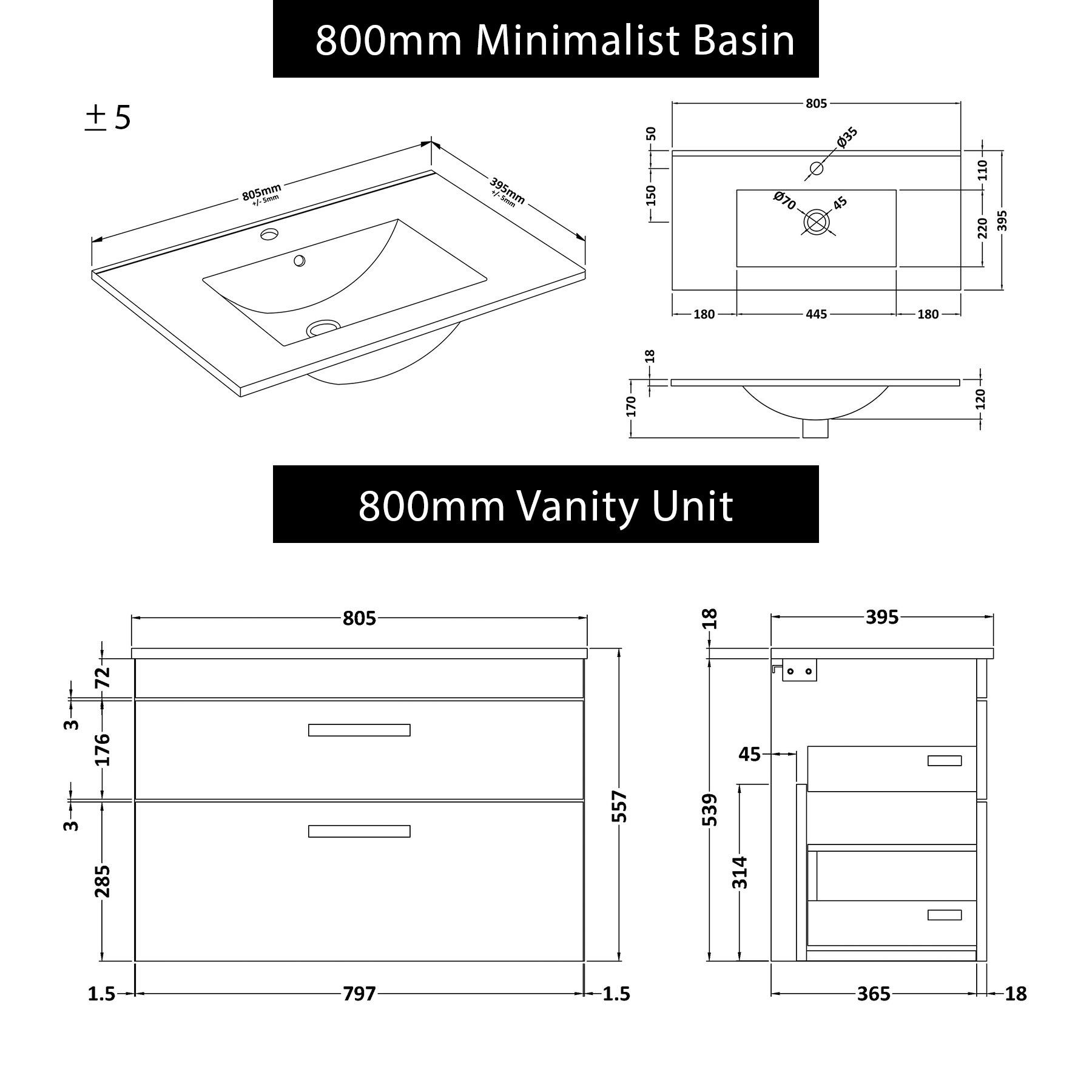 Turin 800mm Gloss White Wall Hung Vanity Unit 2 Drawer - Minimalist Sink Unit with Brushed Brass Handle