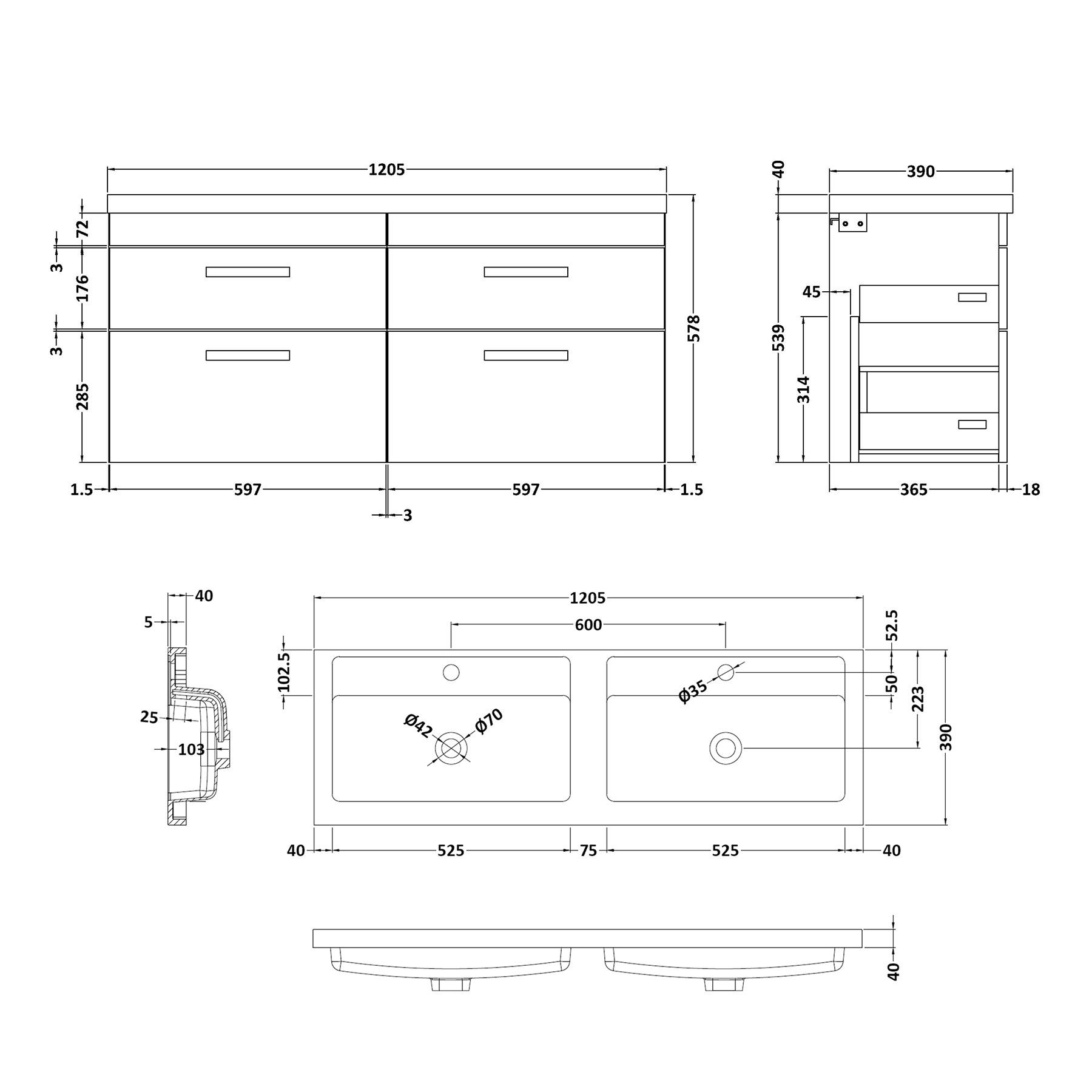 Turin 1200mm Wall Hung Vanity Unit Hale Black 4 Drawer - Double Sink Unit