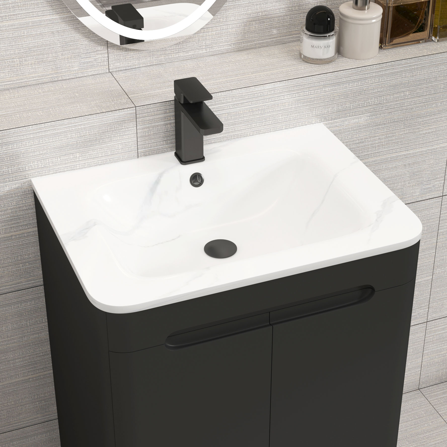 Venice Matt Nocturne Black 2 Drawer Wall Hung Vanity Unit with Carrara White Basin