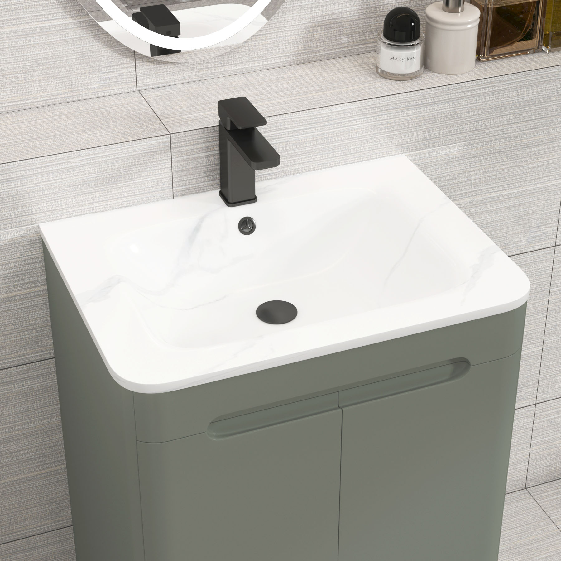 Venice Sage Green 2 Drawer Wall Hung Vanity Unit with Carrara White Basin