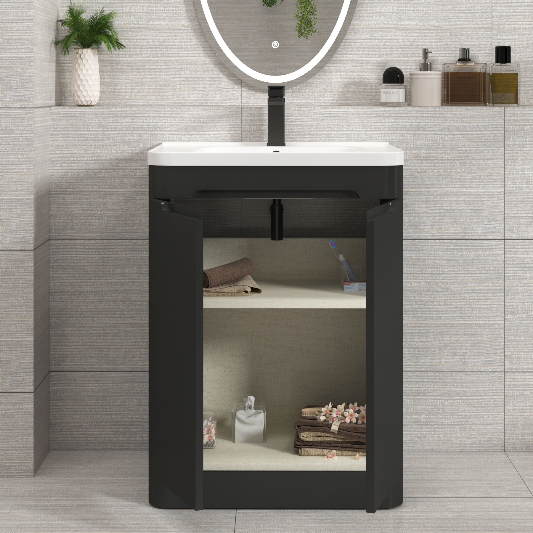 Venice Matt Nocturne Black 2 Door Floor Standing Vanity Unit with Ceramic Basin