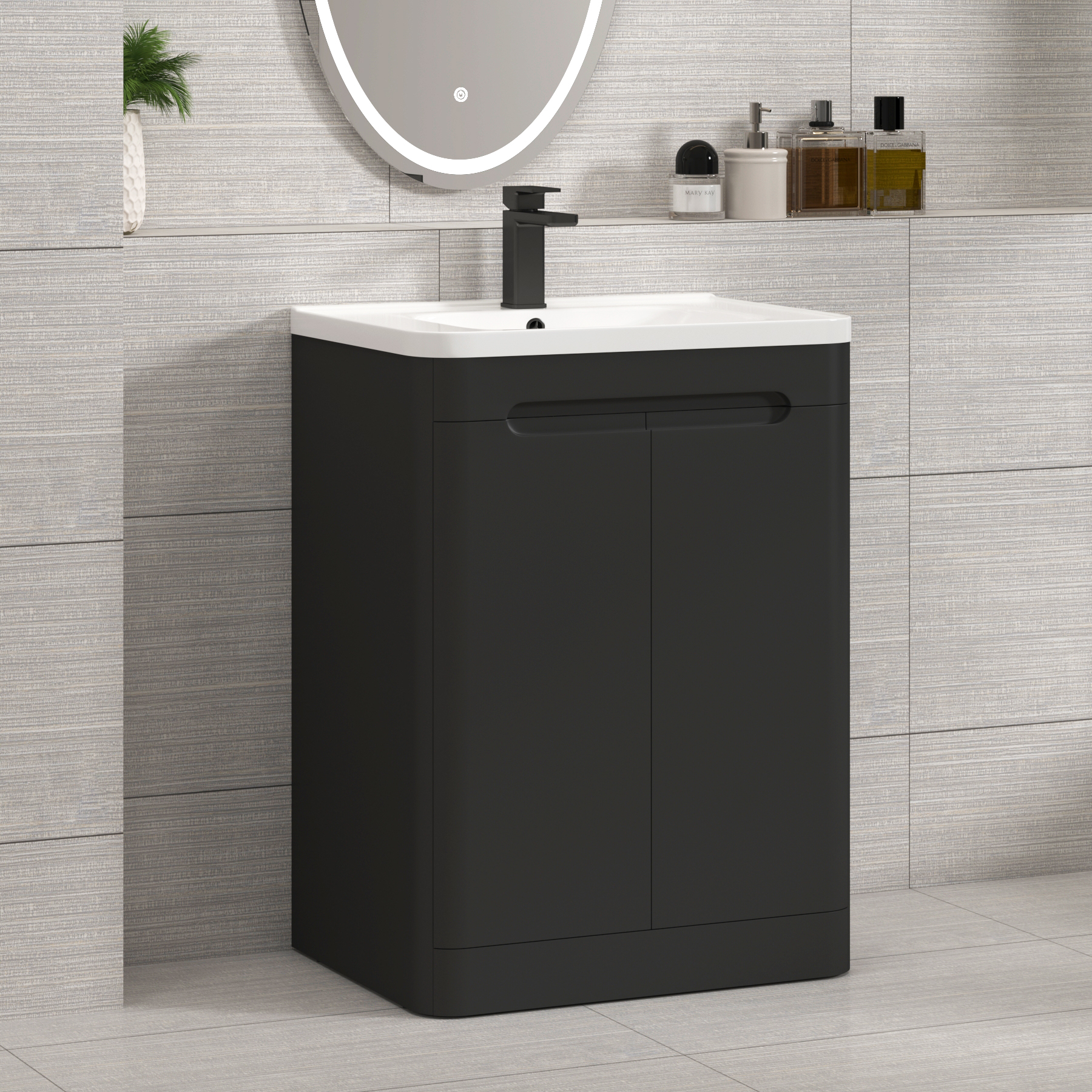 Venice Matt Nocturne Black 2 Door Floor Standing Vanity Unit with Ceramic Basin