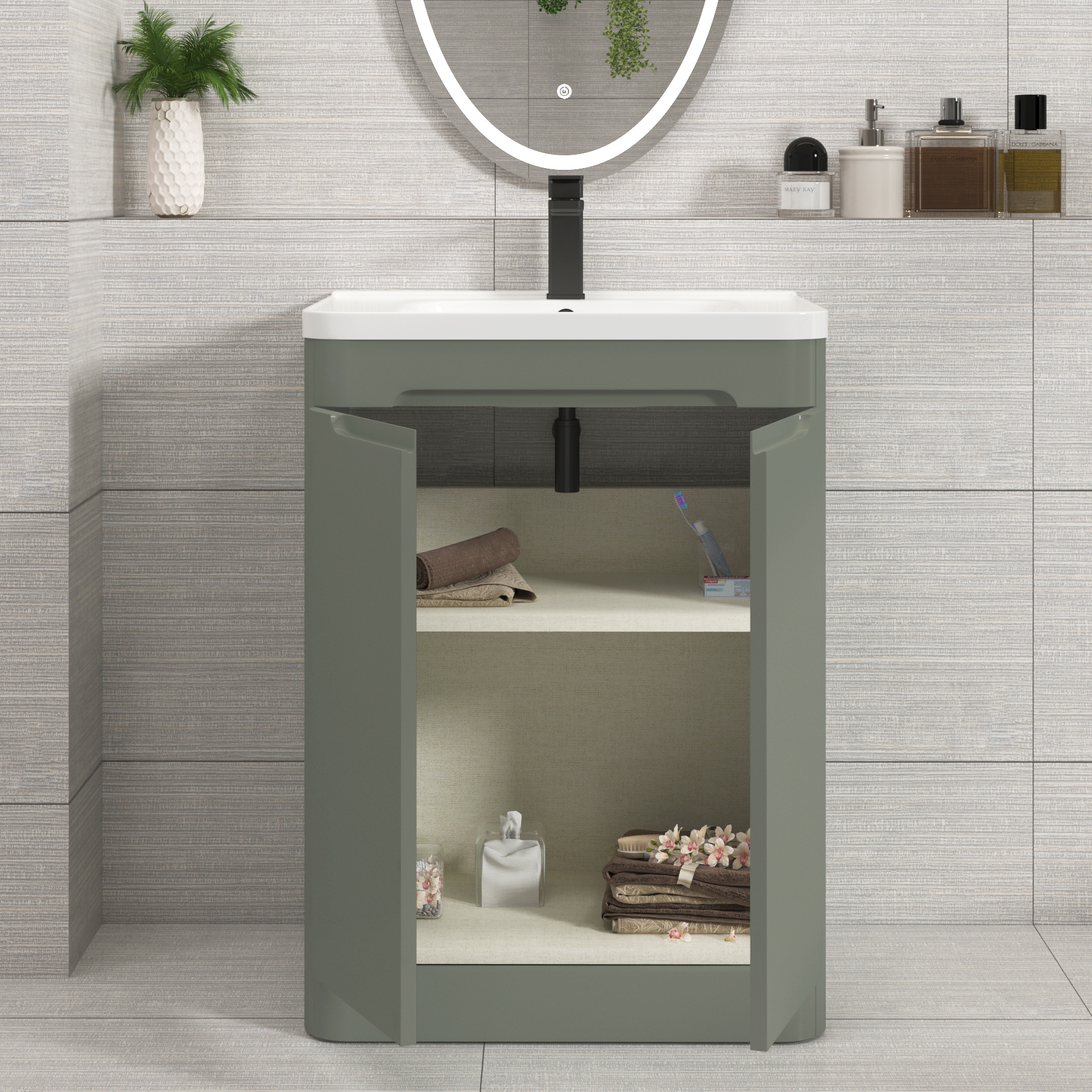 Venice Sage Green 2 Door Floor Standing Vanity Unit with Ceramic Basin
