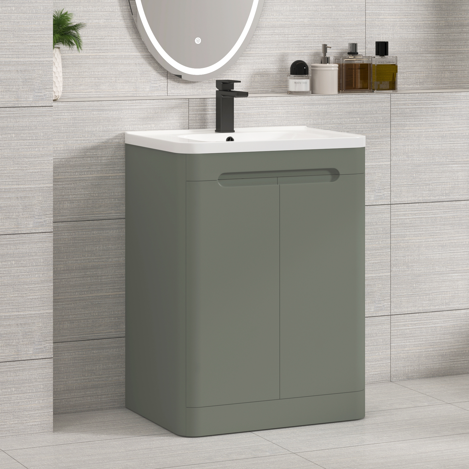 Venice Sage Green 2 Door Floor Standing Vanity Unit with Ceramic Basin