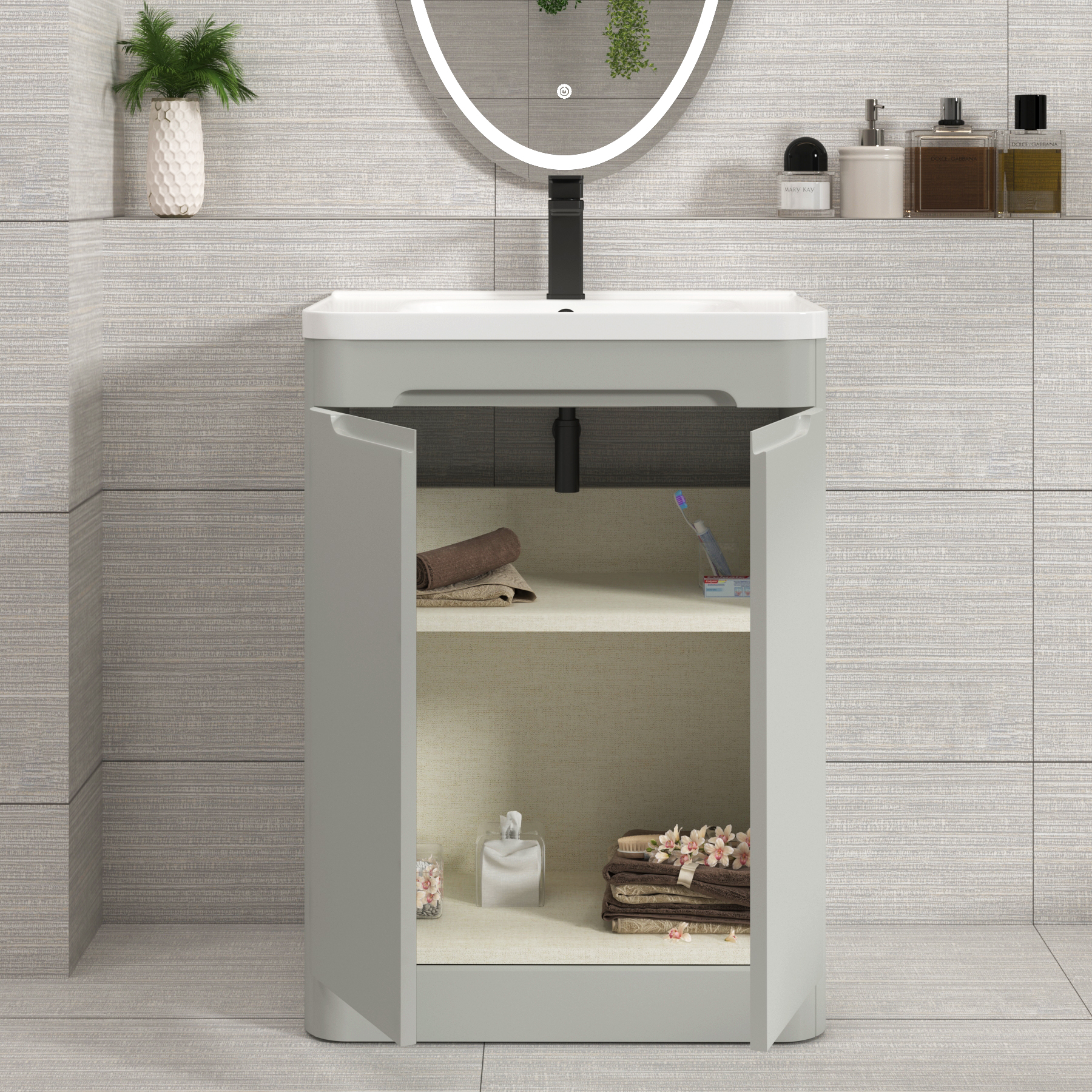 Venice Dove Grey 2 Door Floor Standing Vanity Unit with Ceramic Basin