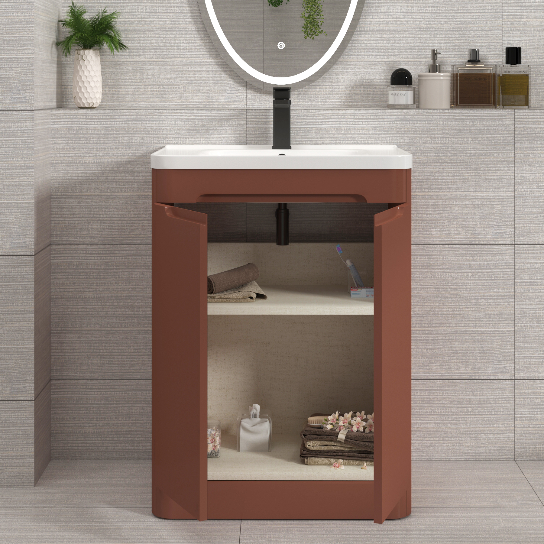 Venice Terracotta Clay 2 Door Floor Standing Vanity Unit with Ceramic Basin