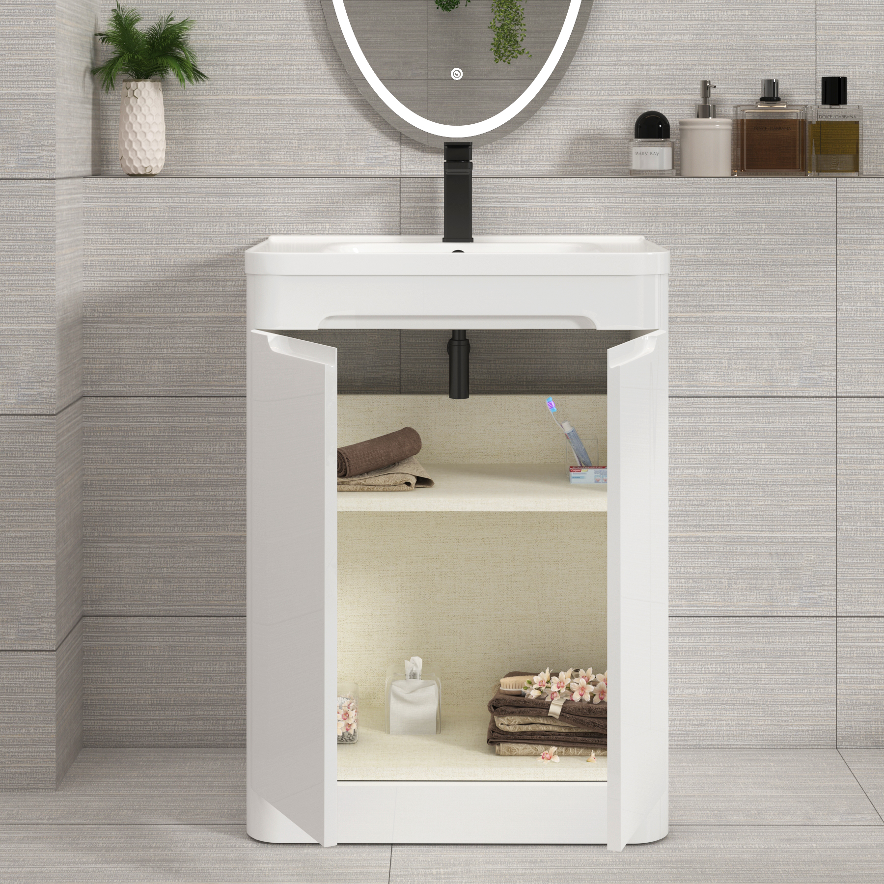 Venice Gloss White 2 Door Floor Standing Vanity Unit with Ceramic Basin
