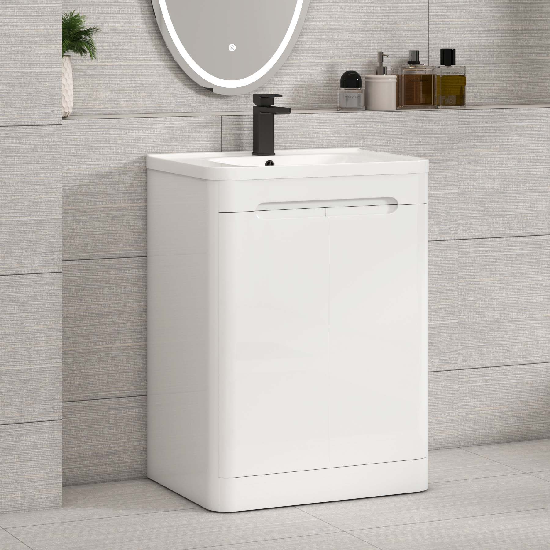 Venice Gloss White 2 Door Floor Standing Vanity Unit with Ceramic Basin