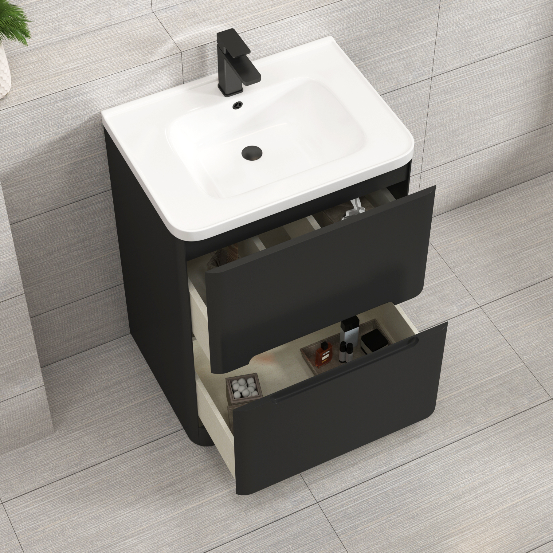 Venice Matt Nocturne Black 2 Drawer Floor Standing Vanity Unit with Ceramic Basin
