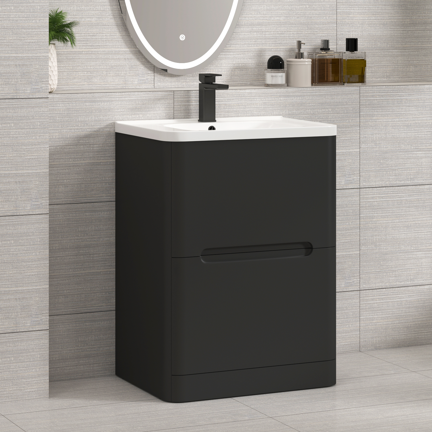 Venice Matt Nocturne Black 2 Drawer Floor Standing Vanity Unit with Ceramic Basin