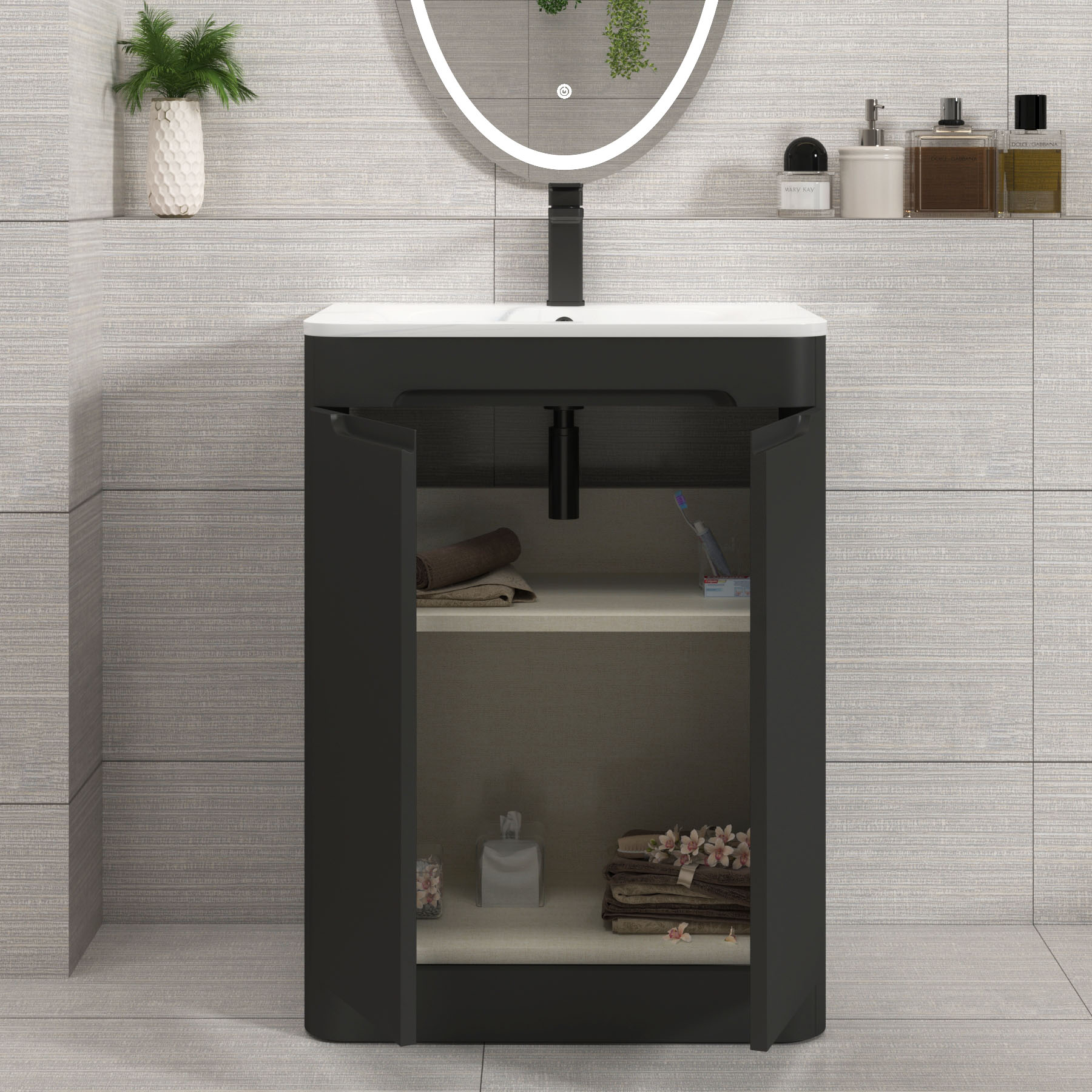 Venice Matt Nocturne Black 2 Door Floor Standing Vanity Unit with Carrara White Basin