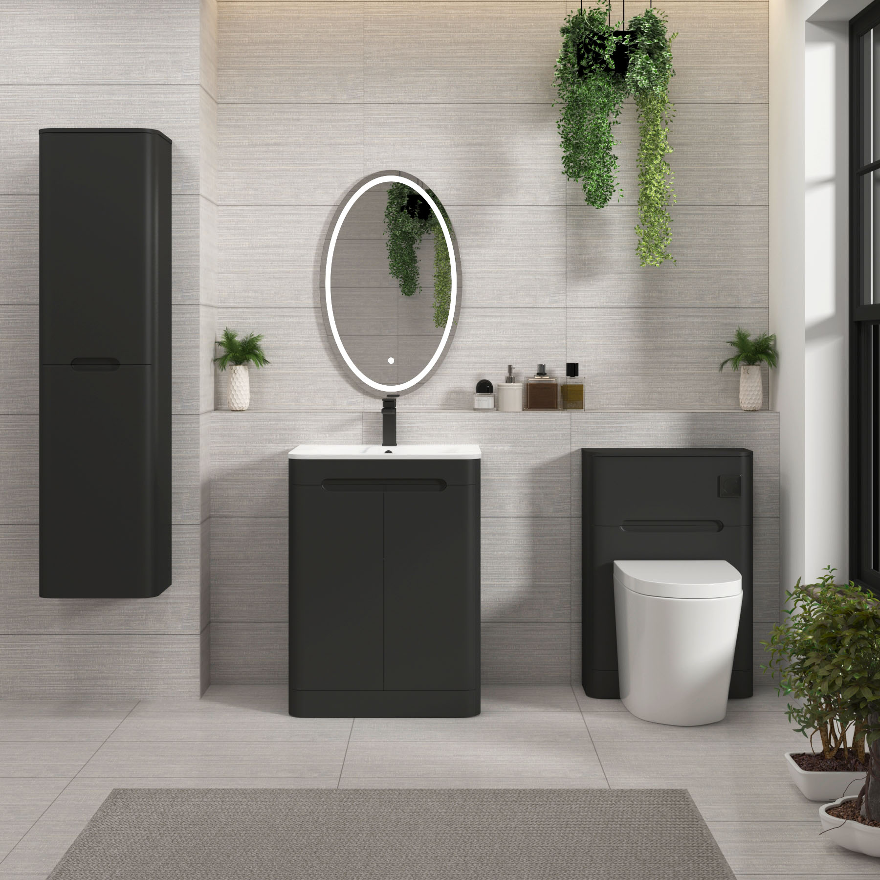 Venice Matt Nocturne Black 2 Door Floor Standing Vanity Unit with Carrara White Basin