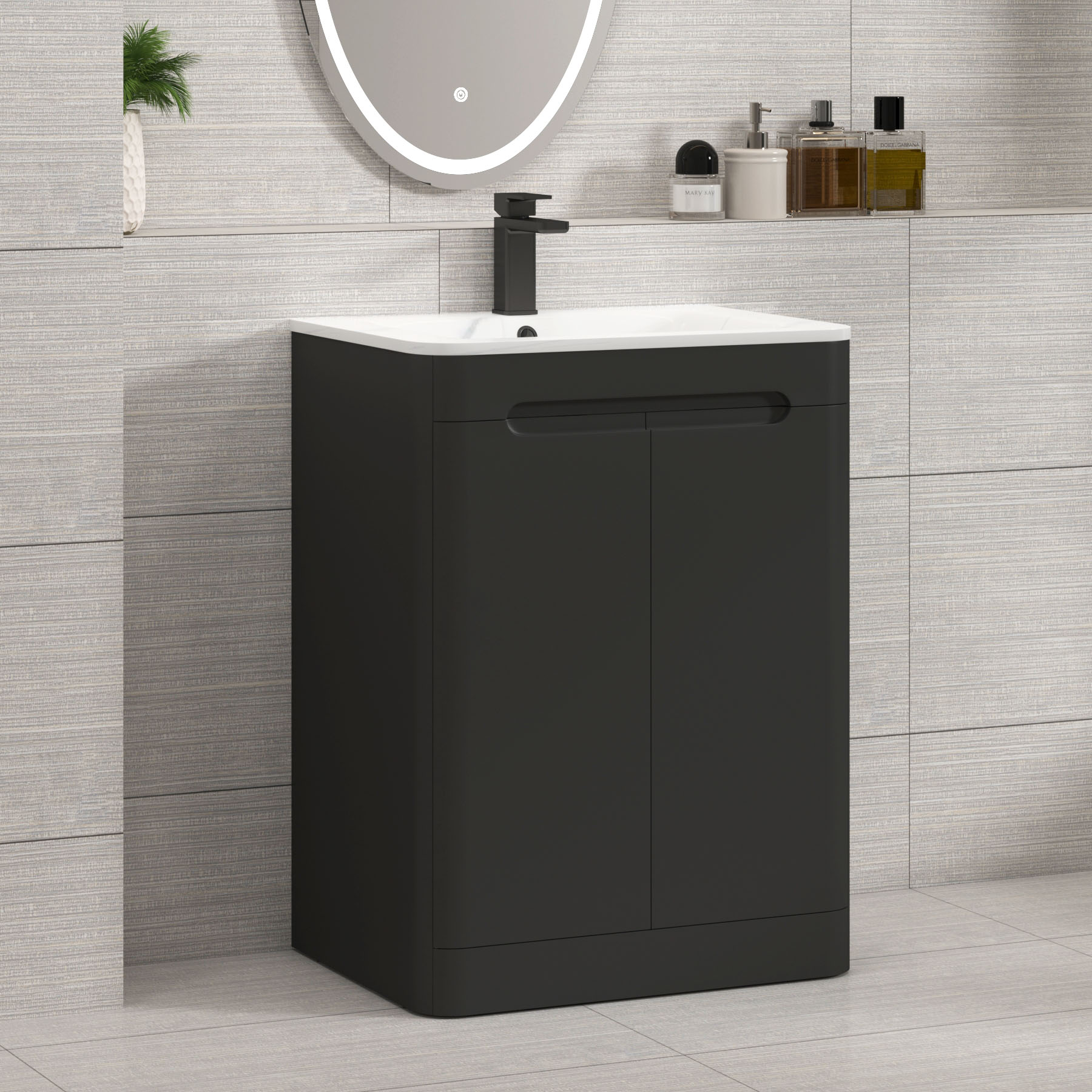 Venice Matt Nocturne Black 2 Door Floor Standing Vanity Unit with Carrara White Basin