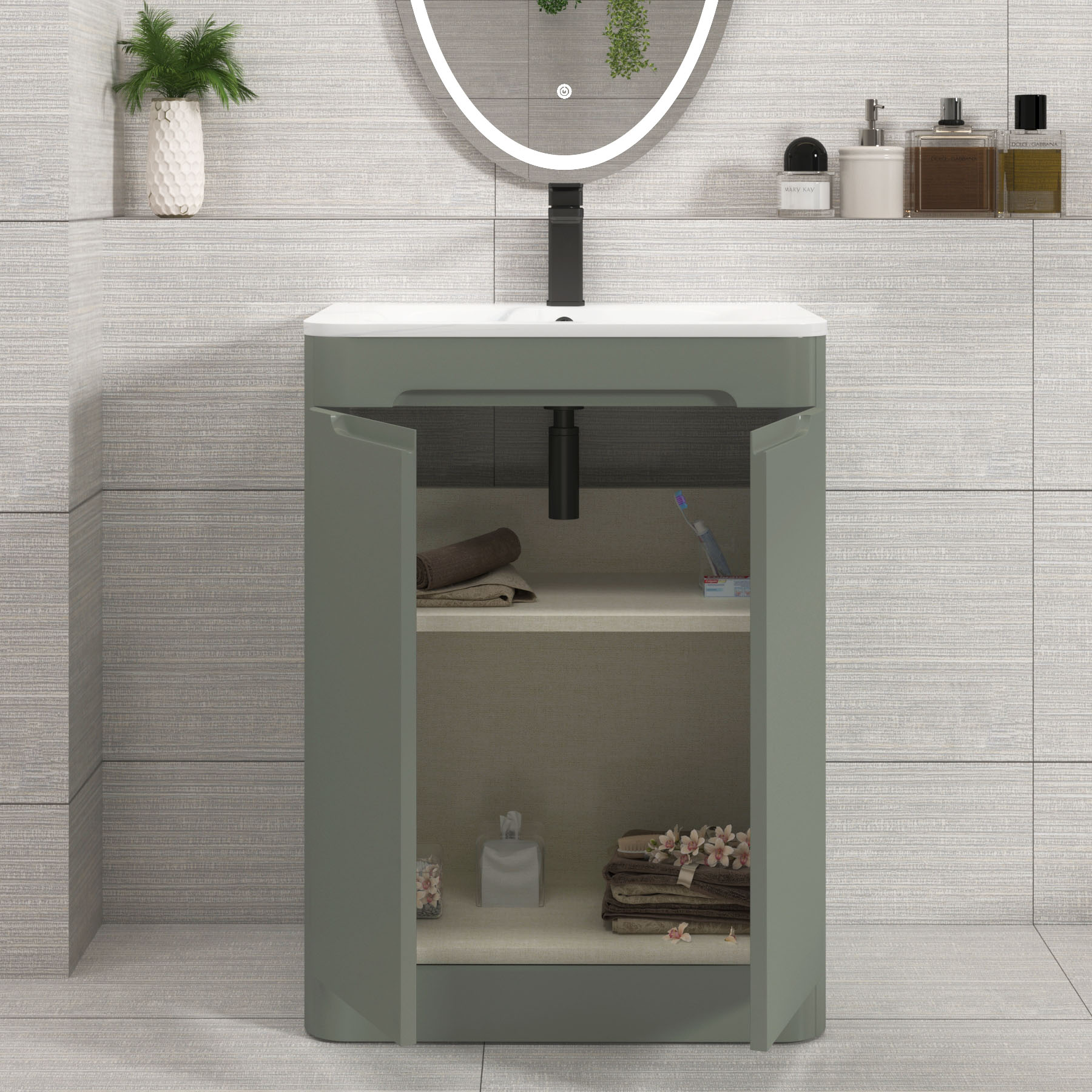 Venice Sage Green 2 Door Floor Standing Vanity Unit with Carrara White Basin