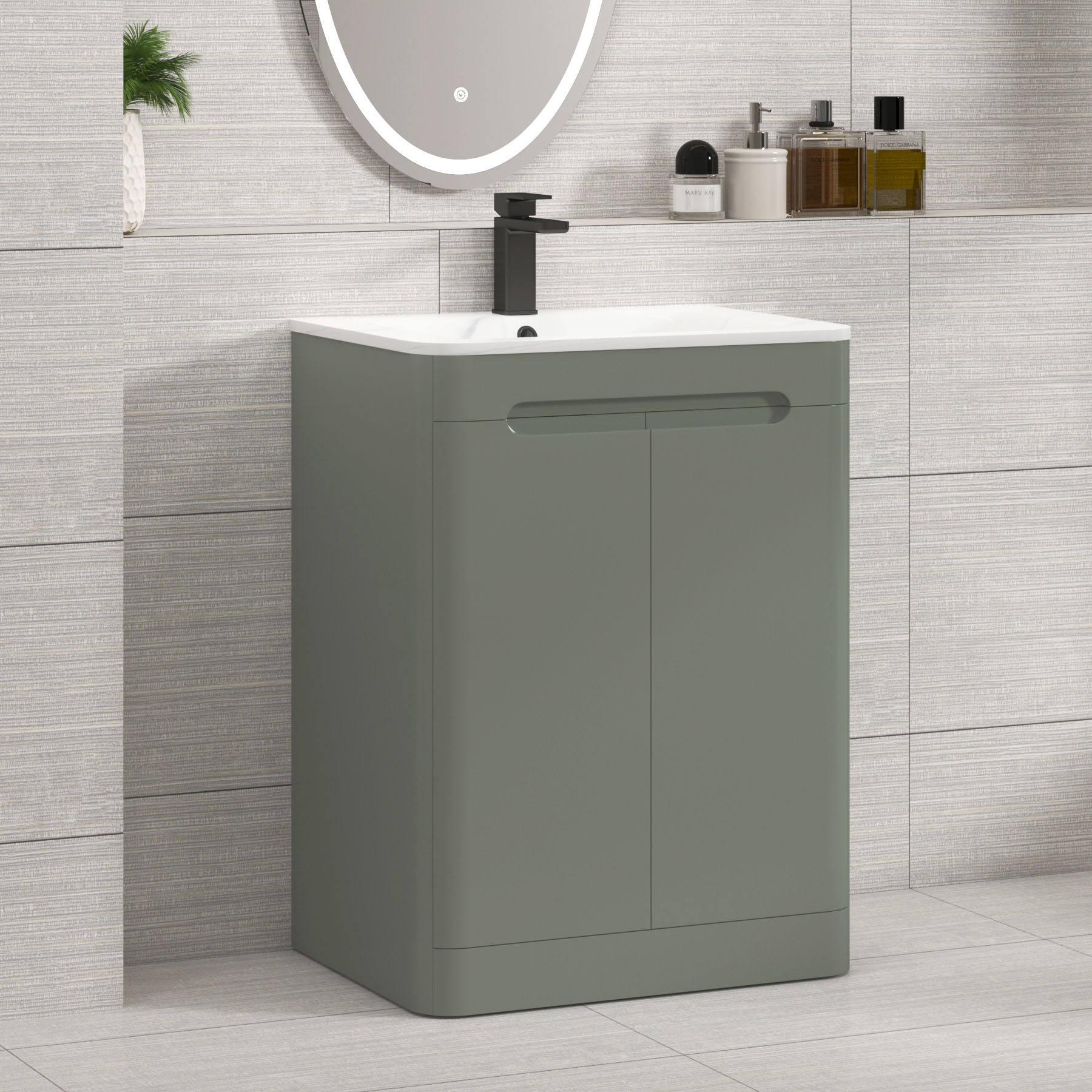 Venice Sage Green 2 Door Floor Standing Vanity Unit with Carrara White Basin