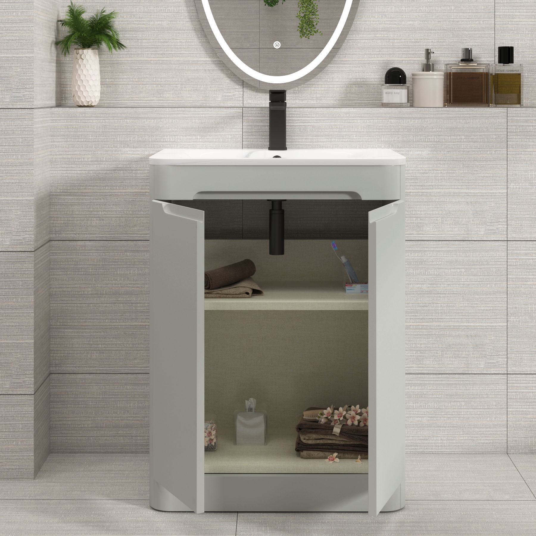 Venice Dove Grey 2 Door Floor Standing Vanity Unit with Carrara White Basin