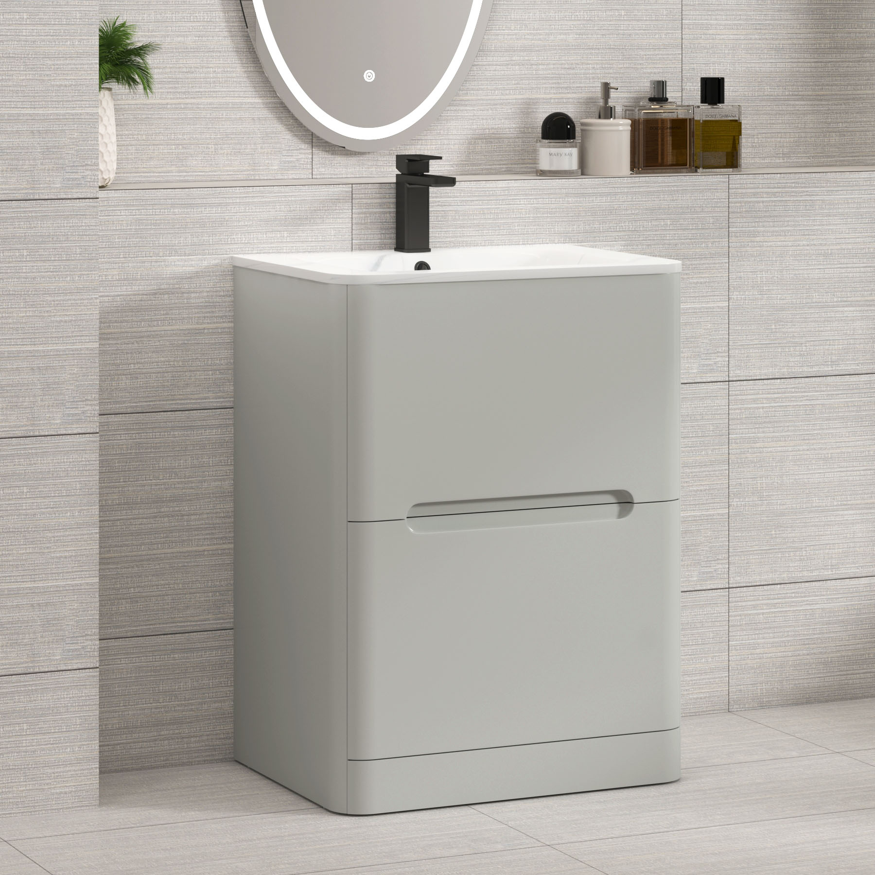 Venice Dove Grey 2 Drawer Floor Standing Vanity Unit with Carrara White Basin