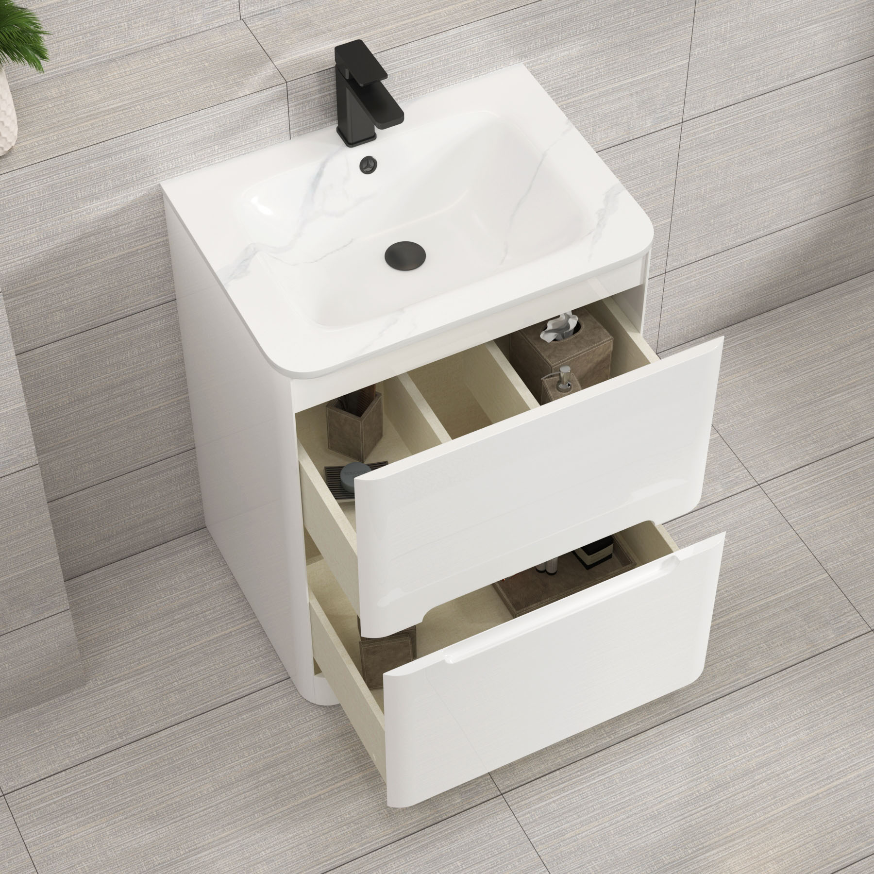 Venice Gloss White 2 Drawer Floor Standing Vanity Unit with Carrara White Basin