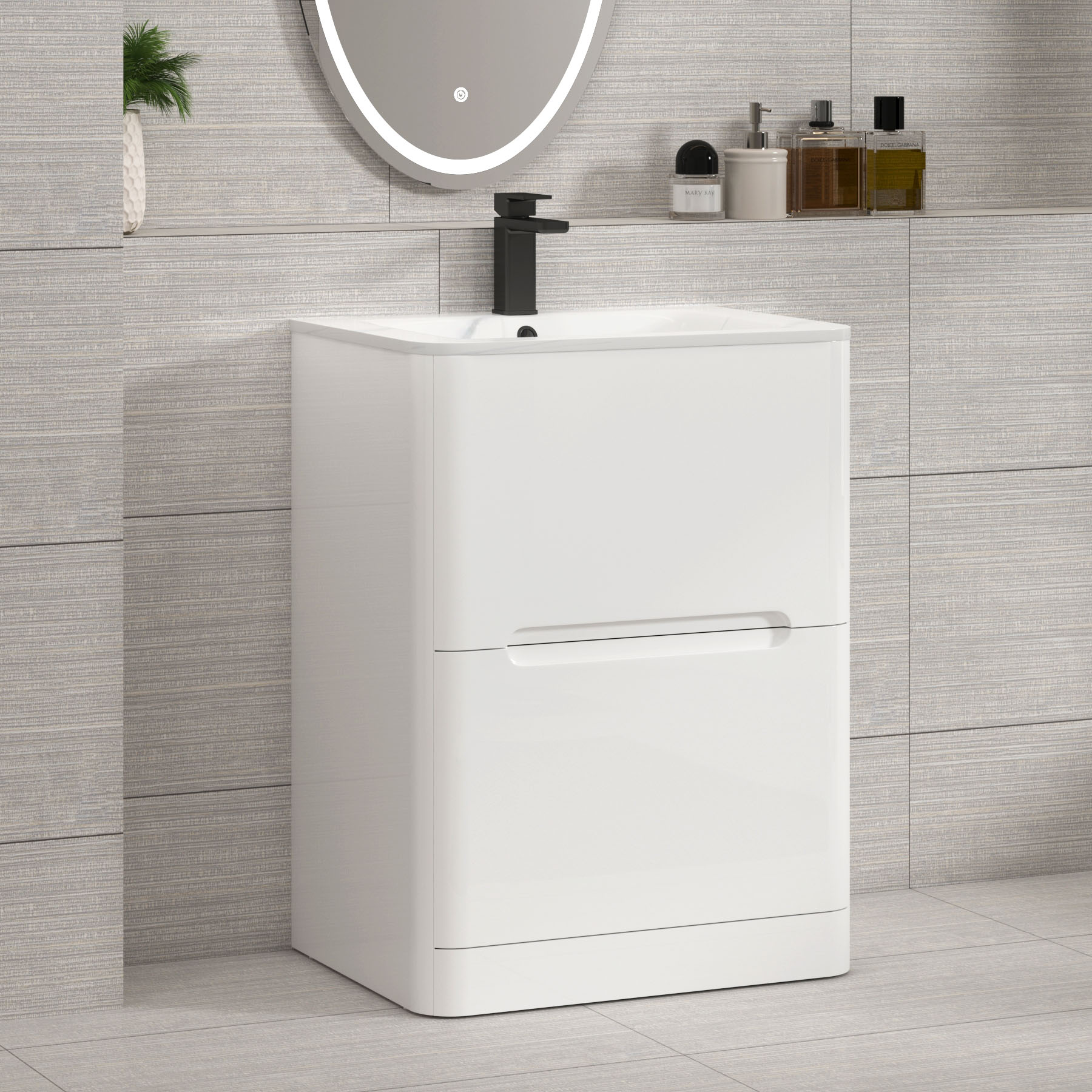 Venice Gloss White 2 Drawer Floor Standing Vanity Unit with Carrara White Basin