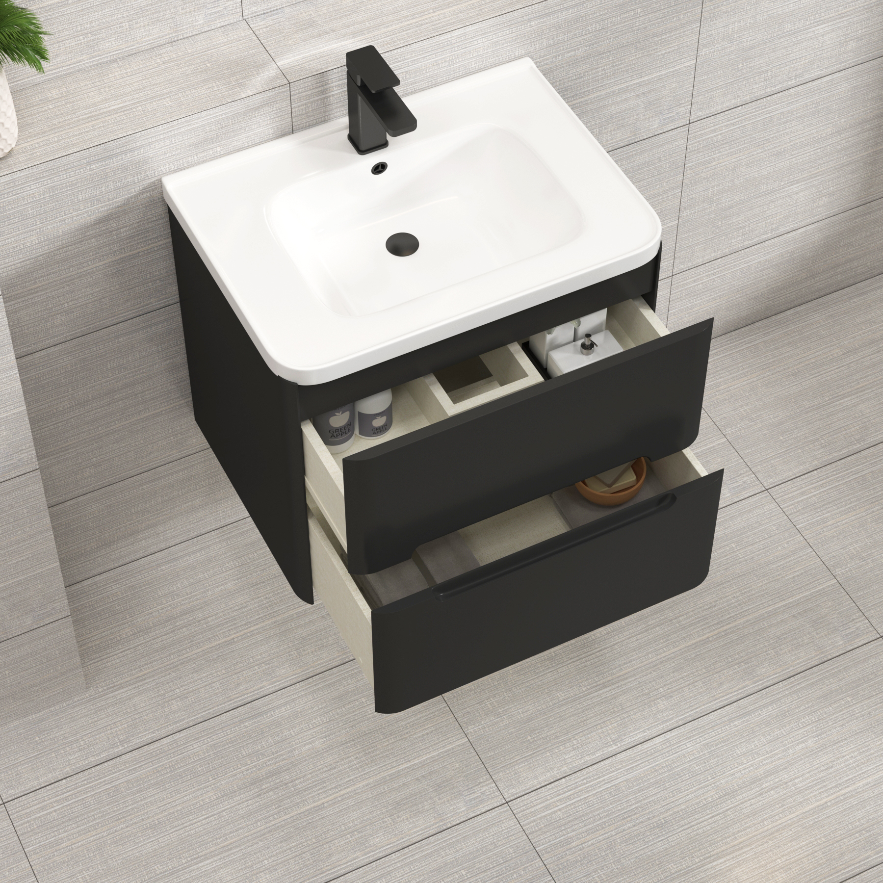 Venice Matt Nocturne Black 2 Drawer Wall Hung Vanity Unit with Ceramic Basin