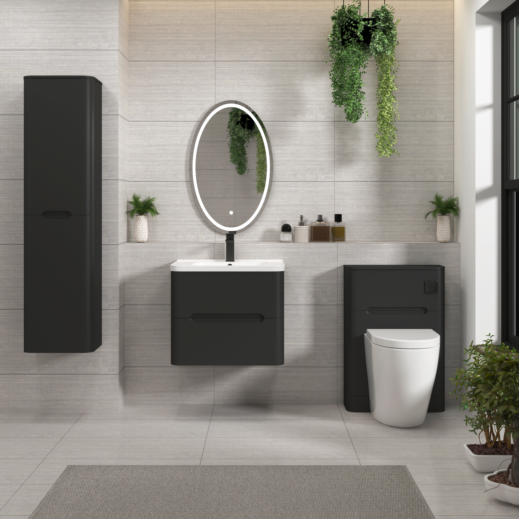 Venice Matt Nocturne Black 2 Drawer Wall Hung Vanity Unit with Ceramic Basin