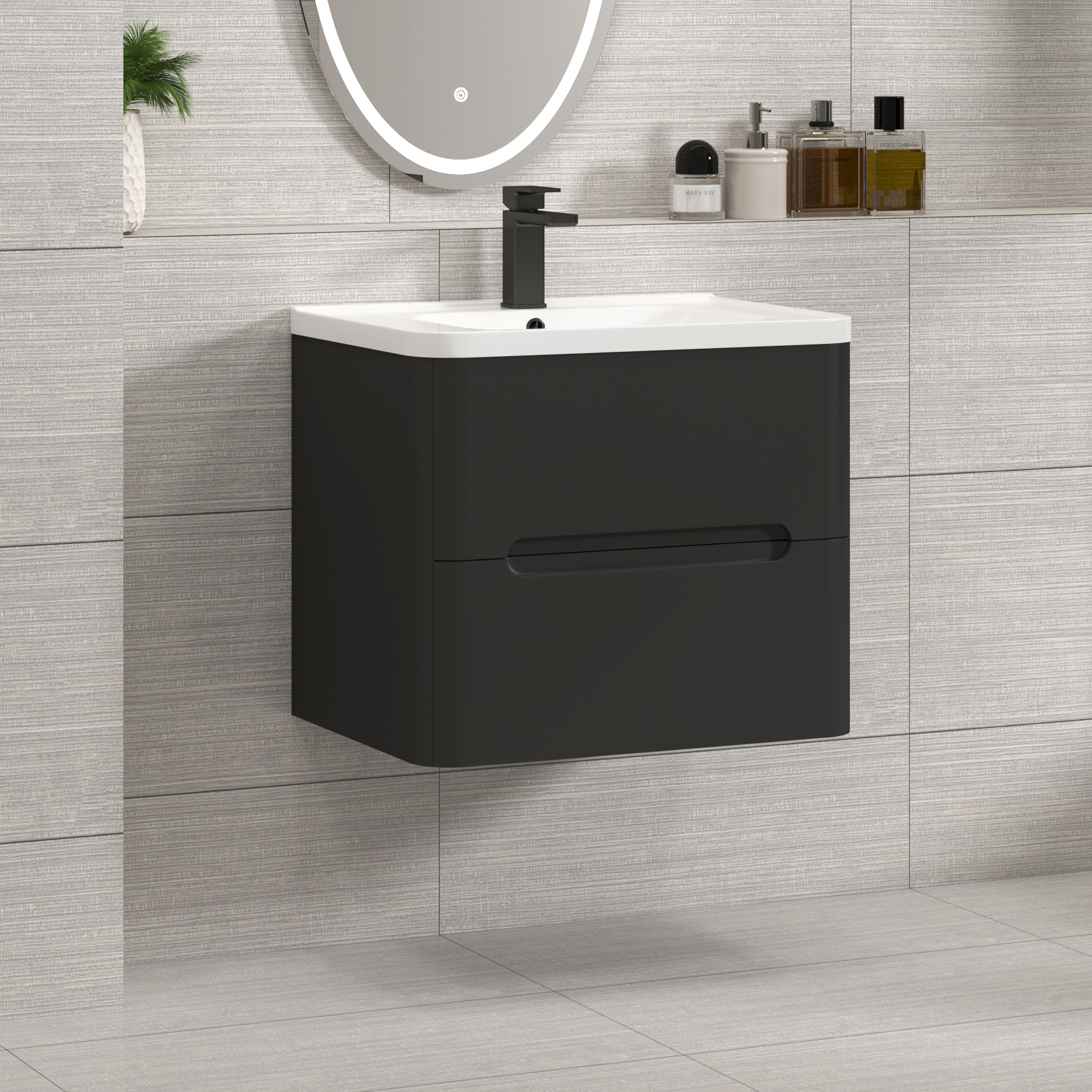 Venice Matt Nocturne Black 2 Drawer Wall Hung Vanity Unit with Ceramic Basin
