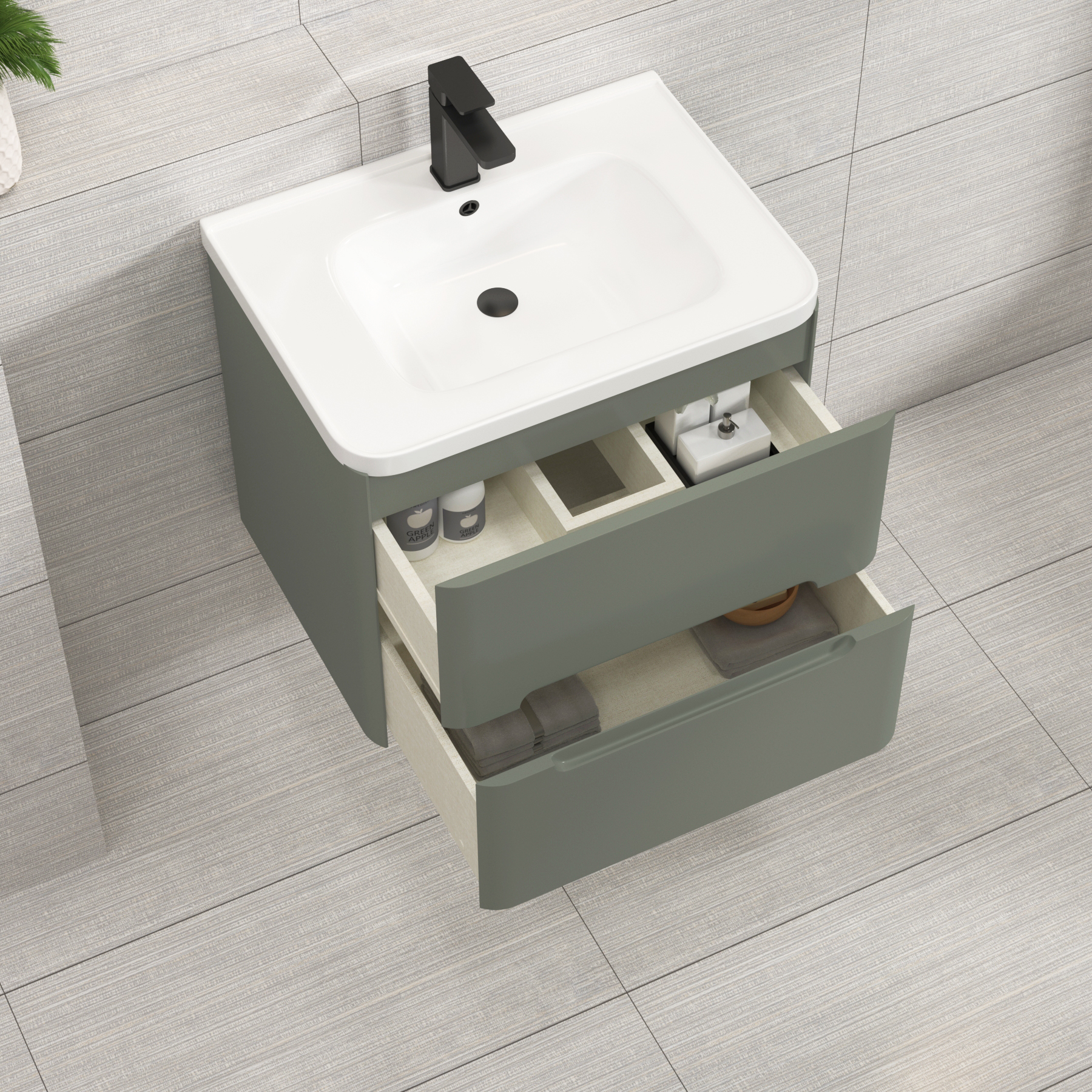 Venice Sage Green 2 Drawer Wall Hung Vanity Unit with Ceramic Basin
