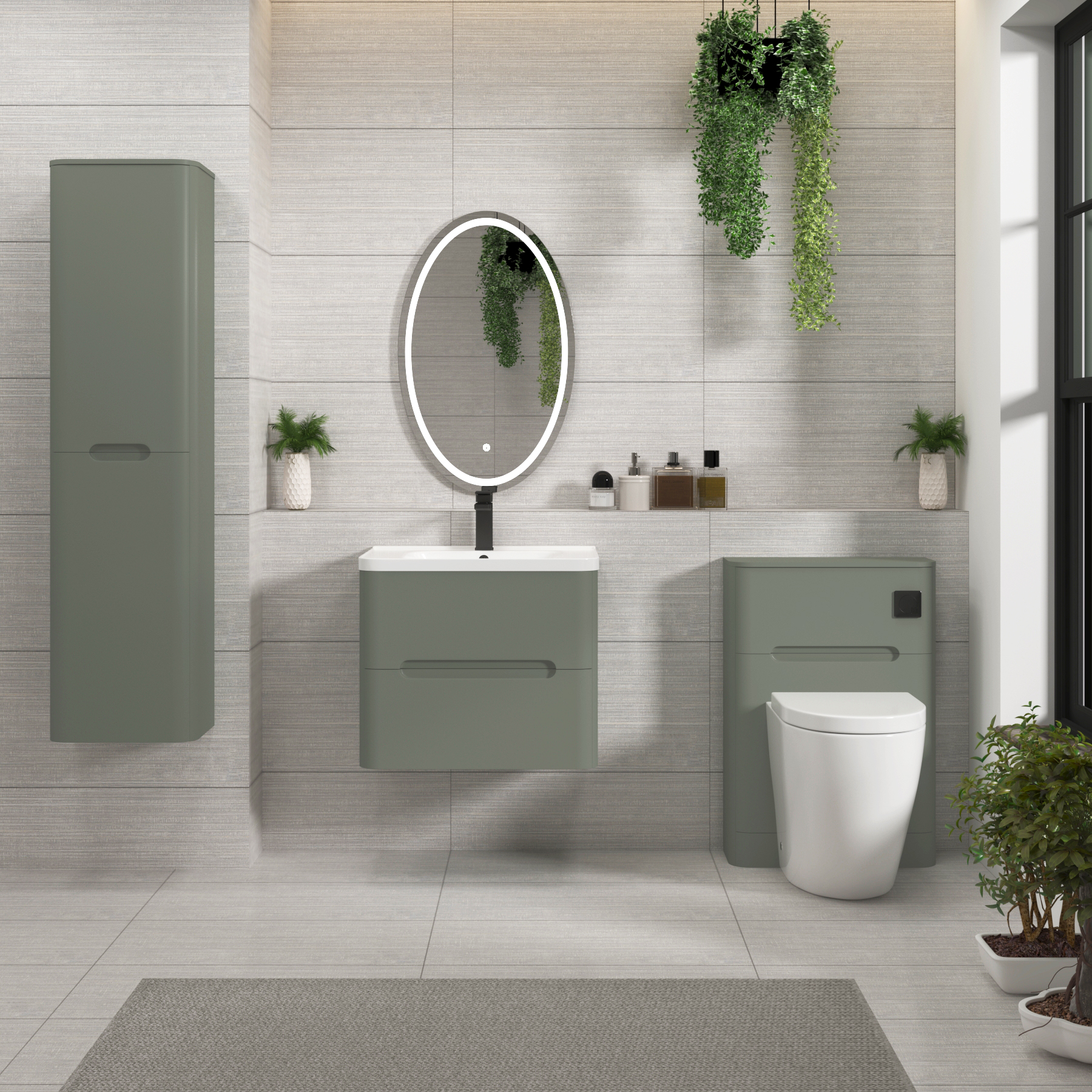 Venice Sage Green 2 Drawer Wall Hung Vanity Unit with Ceramic Basin