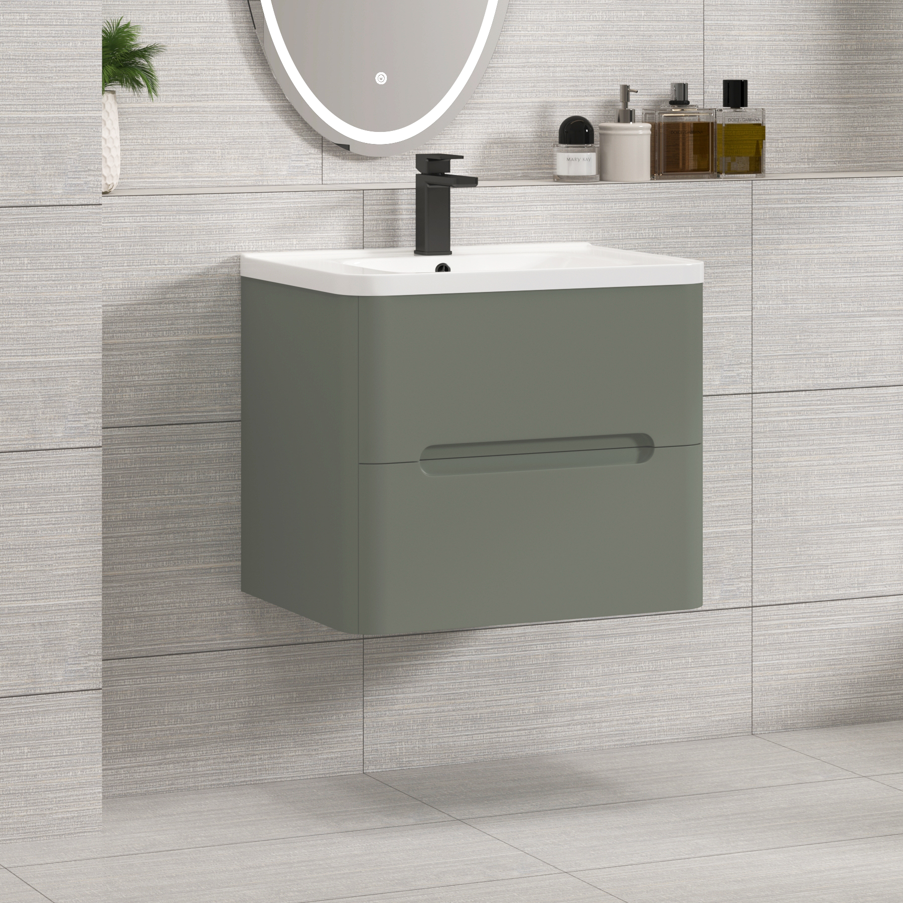 Venice Sage Green 2 Drawer Wall Hung Vanity Unit with Ceramic Basin