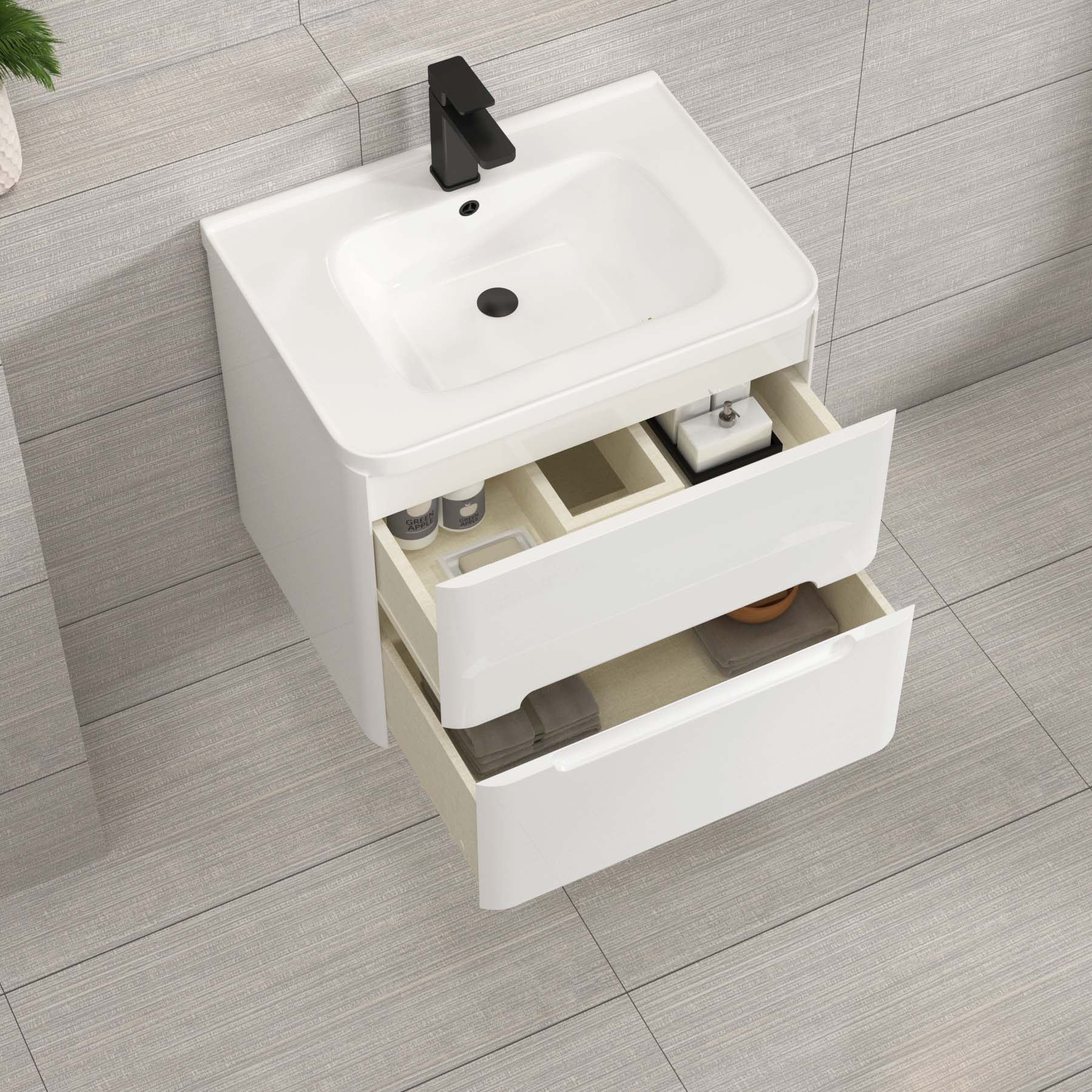 Venice Gloss White 2 Drawer Wall Hung Vanity Unit with Ceramic Basin