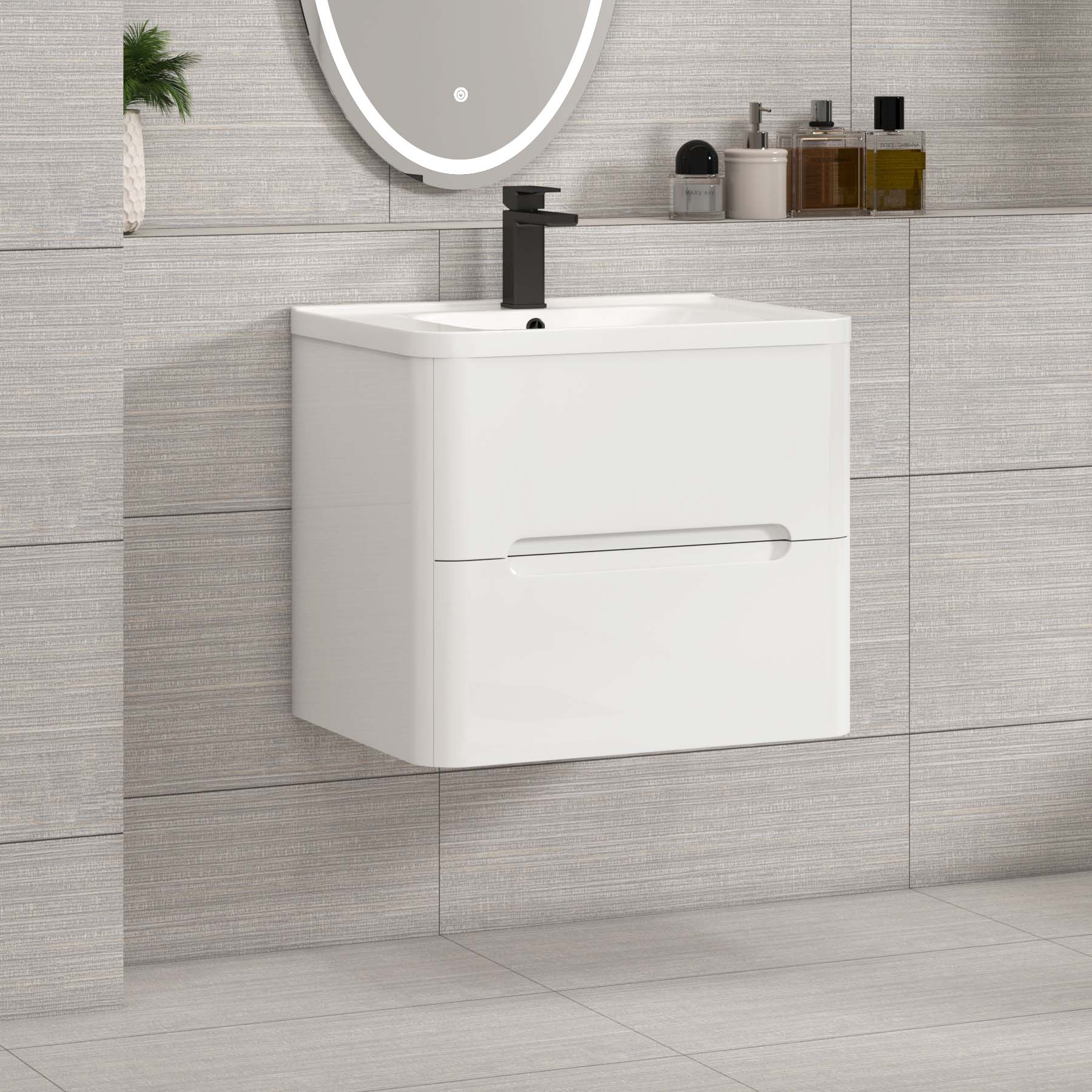 Venice Gloss White 2 Drawer Wall Hung Vanity Unit with Ceramic Basin