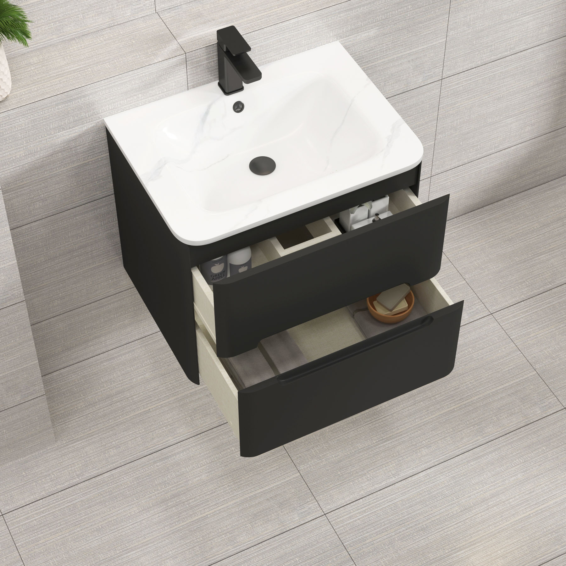 Venice Matt Nocturne Black 2 Drawer Wall Hung Vanity Unit with Carrara White Basin