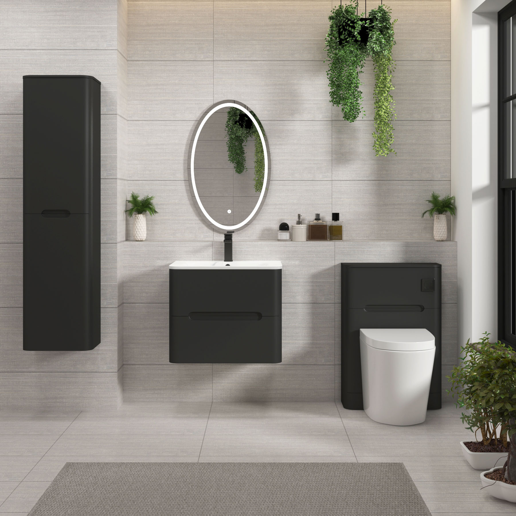 Venice Matt Nocturne Black 2 Drawer Wall Hung Vanity Unit with Carrara White Basin