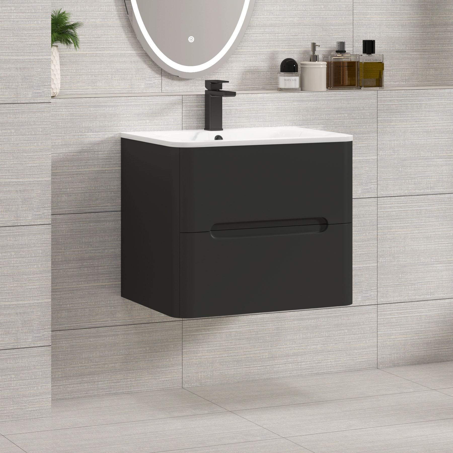 Venice Matt Nocturne Black 2 Drawer Wall Hung Vanity Unit with Carrara White Basin