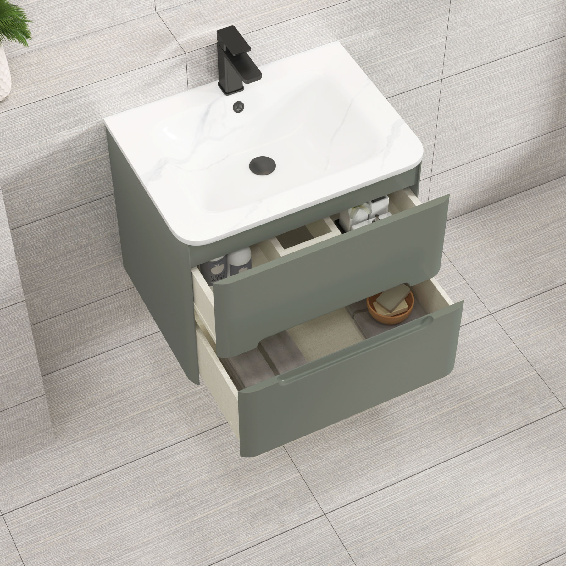 Venice Sage Green 2 Drawer Wall Hung Vanity Unit with Carrara White Basin