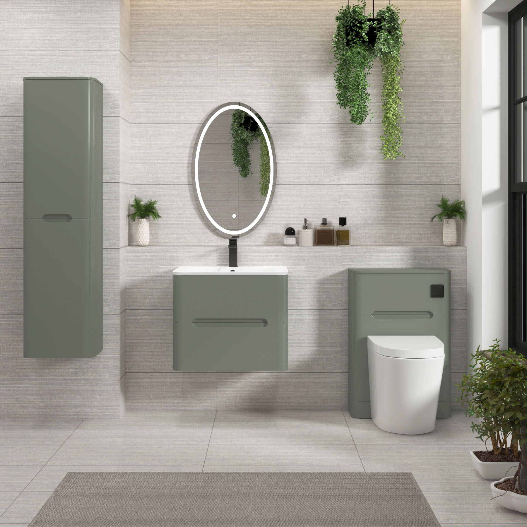 Venice Sage Green 2 Drawer Wall Hung Vanity Unit with Carrara White Basin