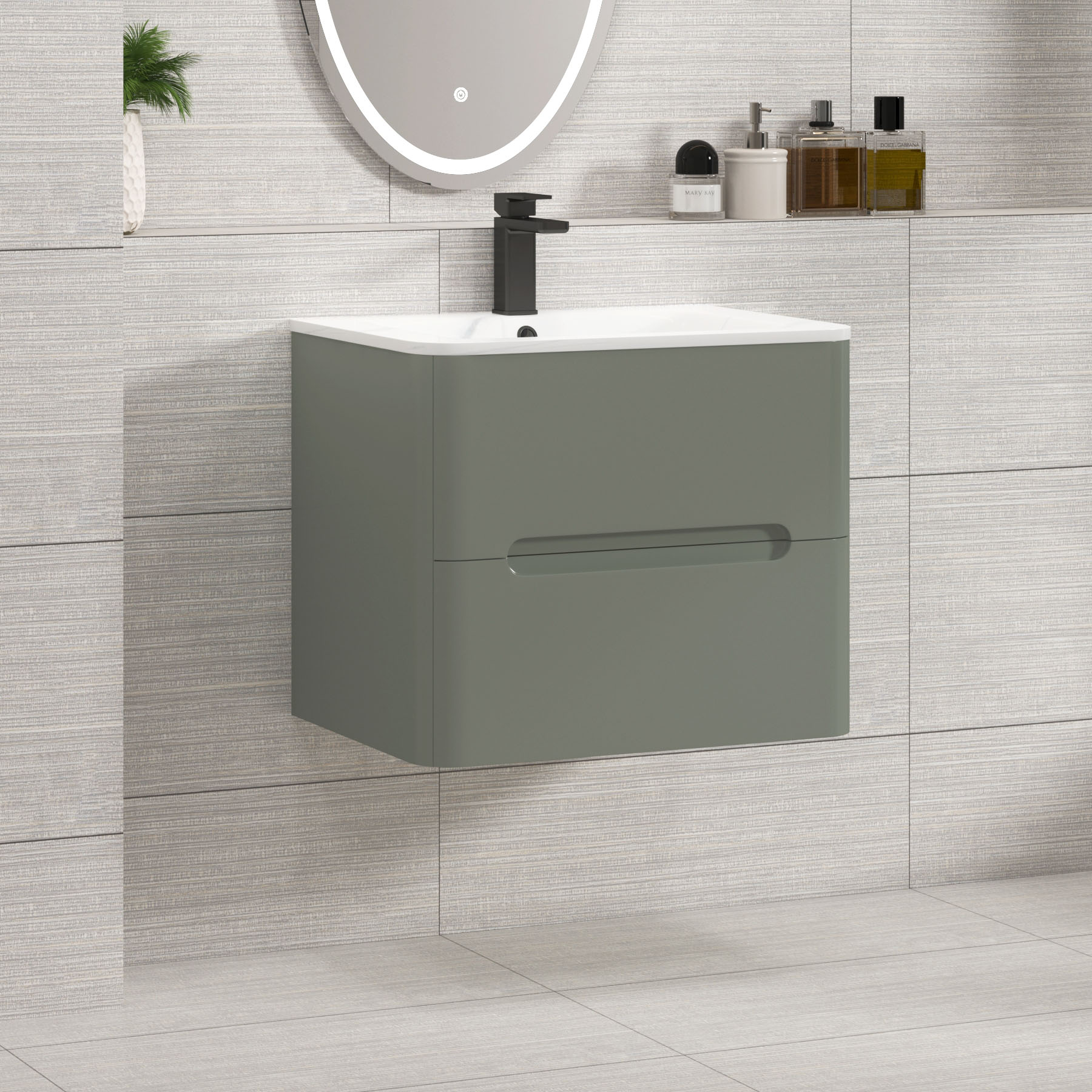 Venice Sage Green 2 Drawer Wall Hung Vanity Unit with Carrara White Basin