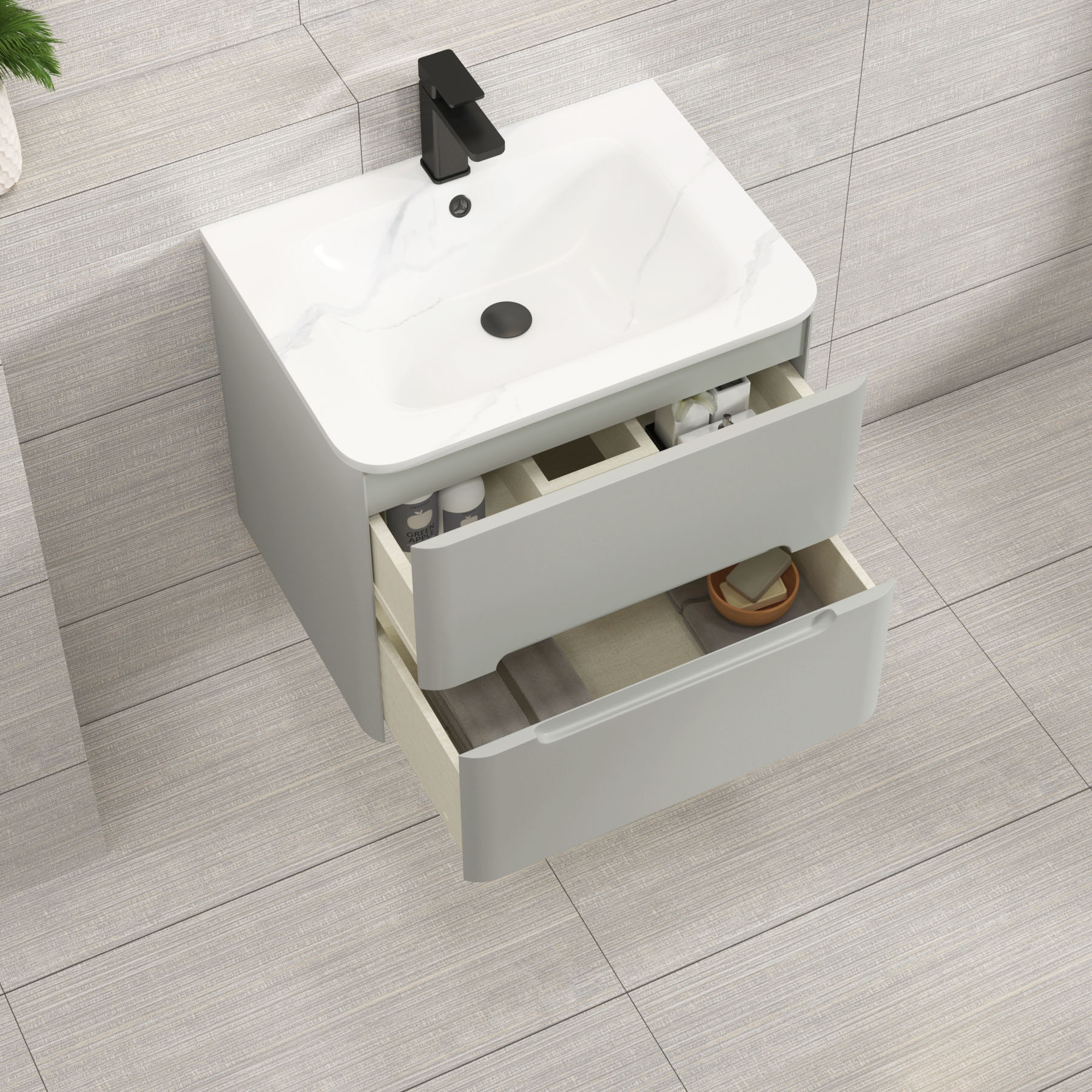 Venice Dove Grey 2 Drawer Wall Hung Vanity Unit with Carrara White Basin
