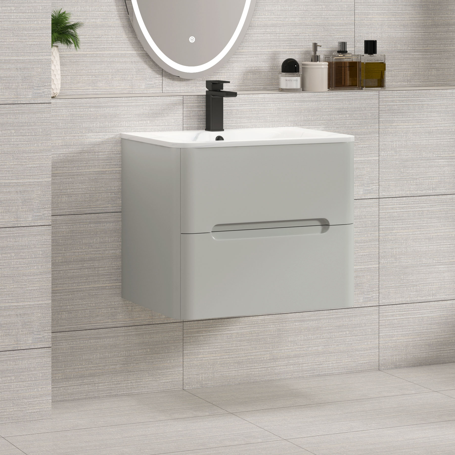 Venice Dove Grey 2 Drawer Wall Hung Vanity Unit with Carrara White Basin