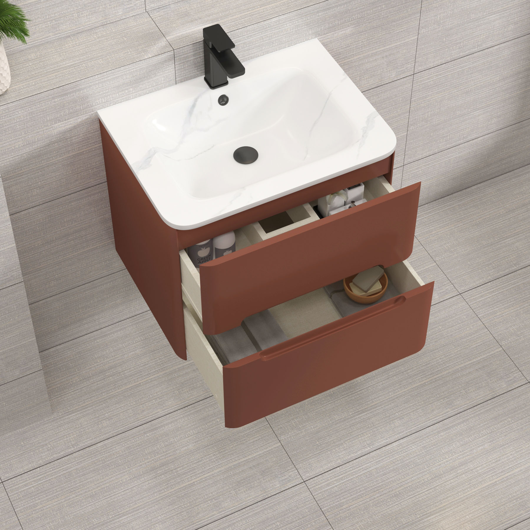 Venice Terracotta Clay 2 Drawer Wall Hung Vanity Unit with Carrara White Basin