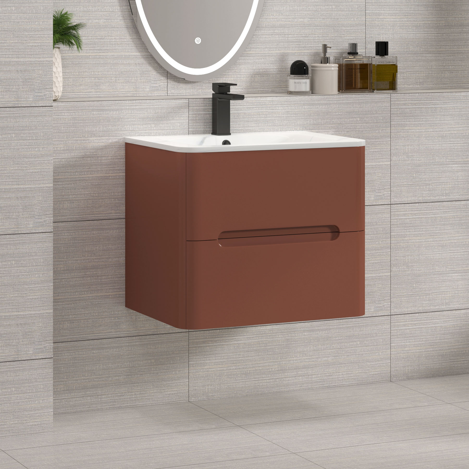 Venice Terracotta Clay 2 Drawer Wall Hung Vanity Unit with Carrara White Basin